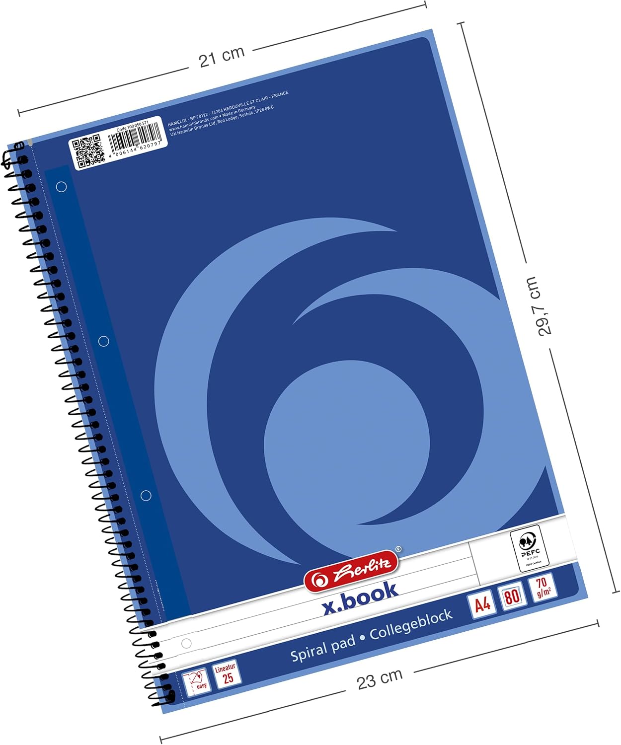 Landre 100050568 Graph Paper Notebook A4 80 Pages 70 g/m² (Pack of 10 Spiral-Bound Notepad "College", A4 Rip-Out, 80 Sheets, Lined/Margin On The Right