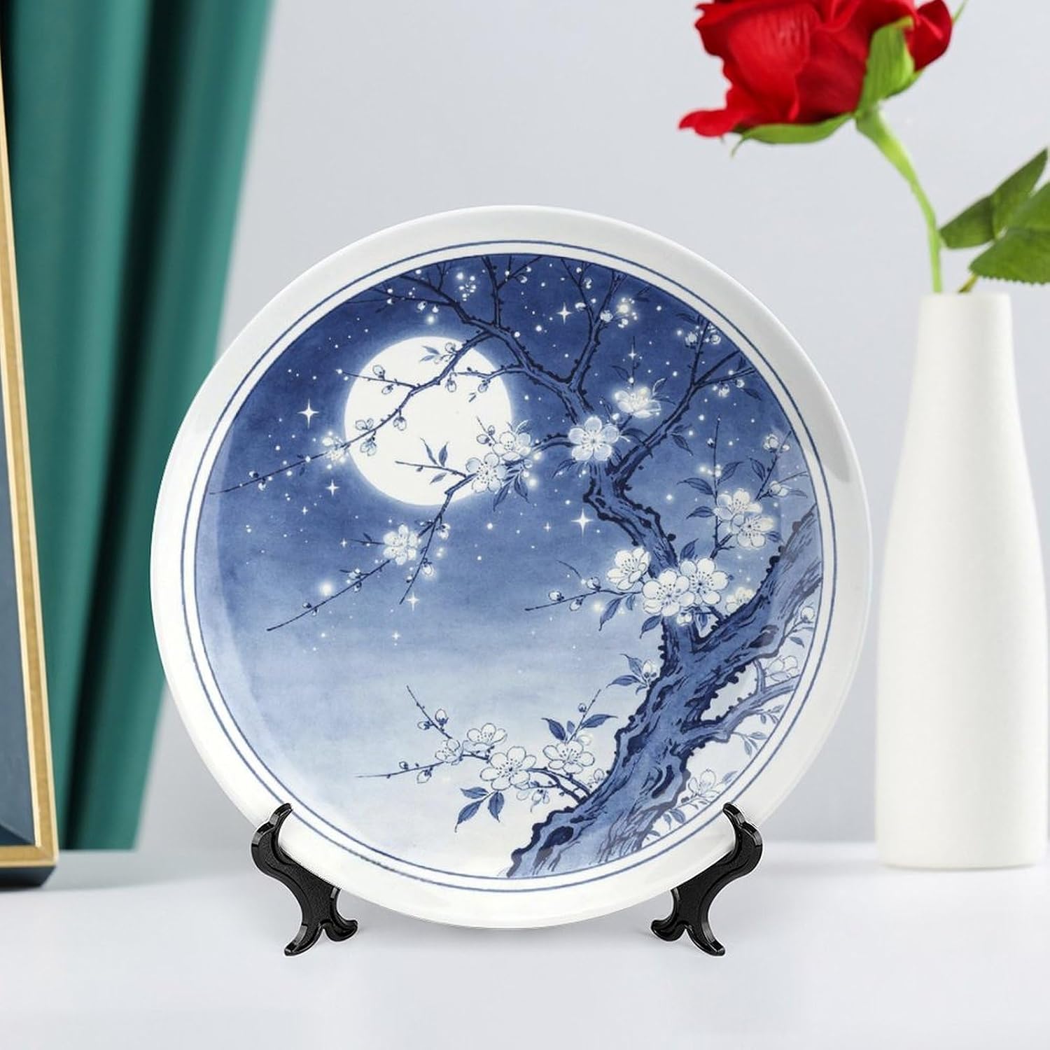 Decorative Blue White Porcelain Plate, Starry Blossom Dreamy Scene for Guest Room Bone China Decorative Plate, 10inch Wall Art Home Decor