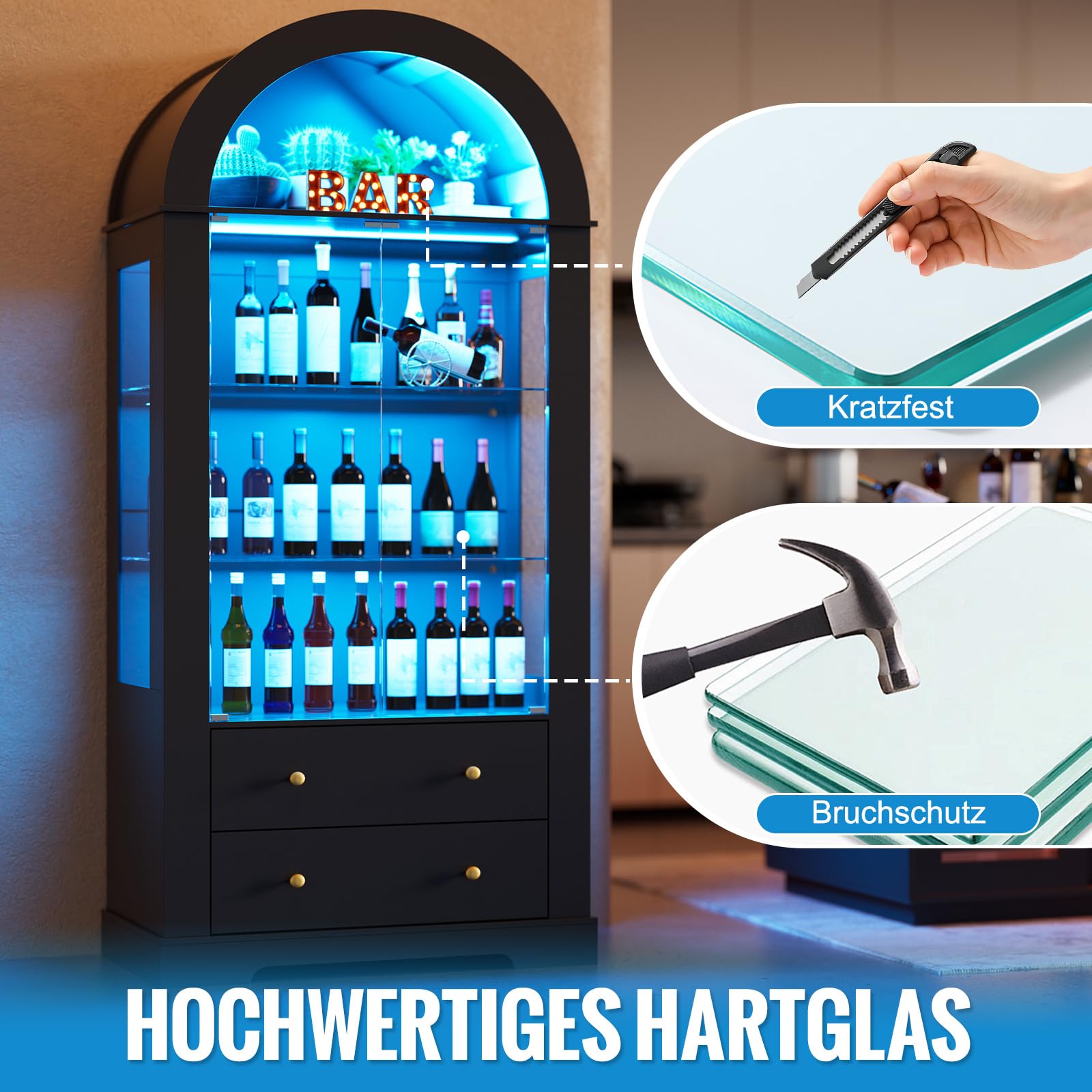 Vitrina Cristal Arqueada LED, 185cm Vitrina Expositora con Puertas de Cristal, Vitrina Coleccionista de Arco con 4 Estantes de Exhibición y 2 Cajones, Salón Dormitorio,Pasillo,Oficina,Negro