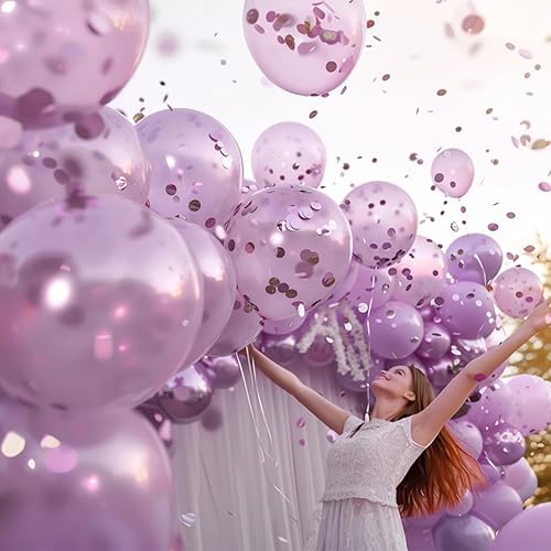 Miniatura 5 de SUWEN Globos metálicos de lavanda y globos de confeti de 1812105 pulgadas, diferentes tamaños, juego de 60 unidades, globos de látex brillante