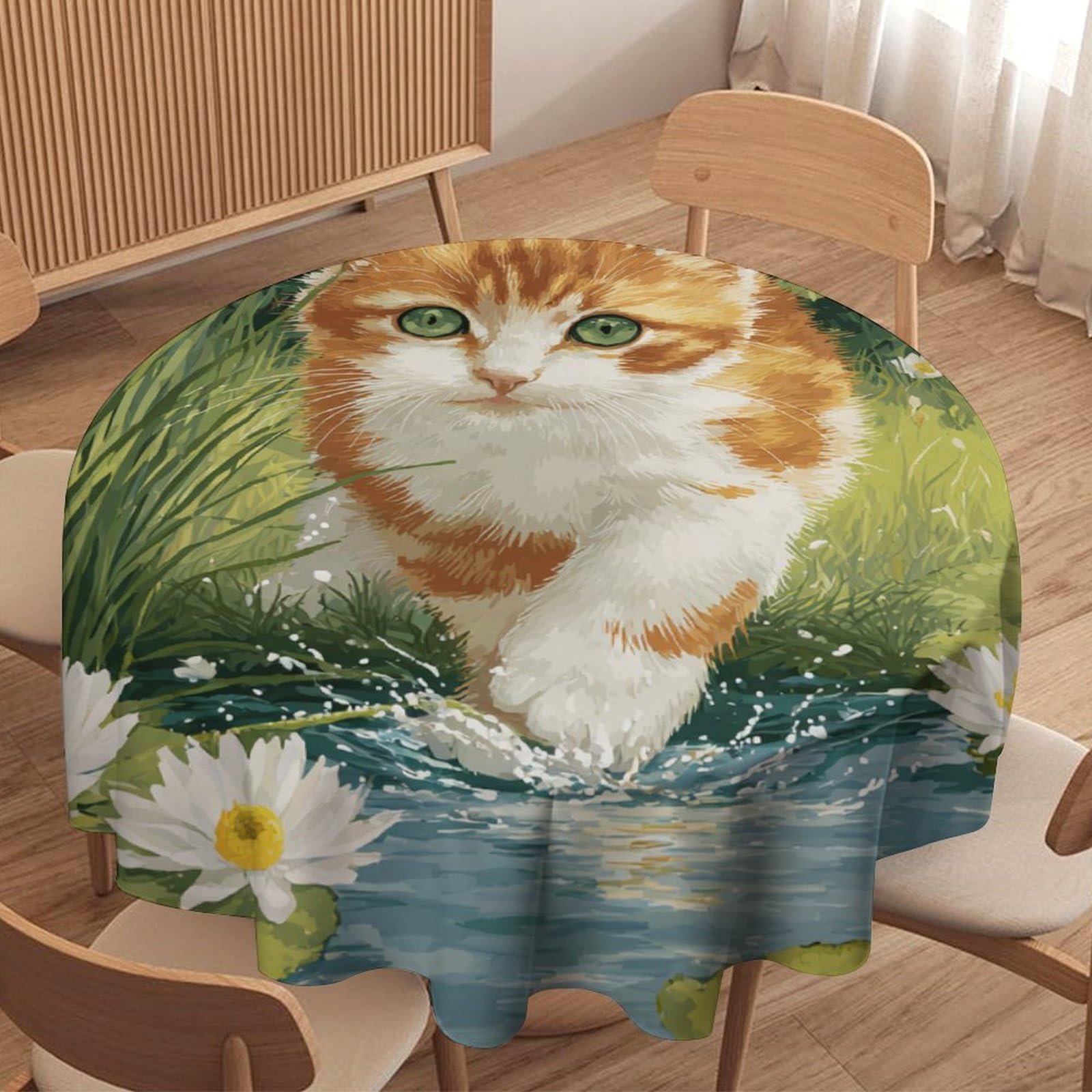 LUYYSKY Funny Watercolor Cute Cat Waterproof Round Tablecloth Classic Rustic Botanical Daisies Flowers Animal Kitten Pattern Washable Table Cover for Kitchen-177.8" Wx177.8 L cm