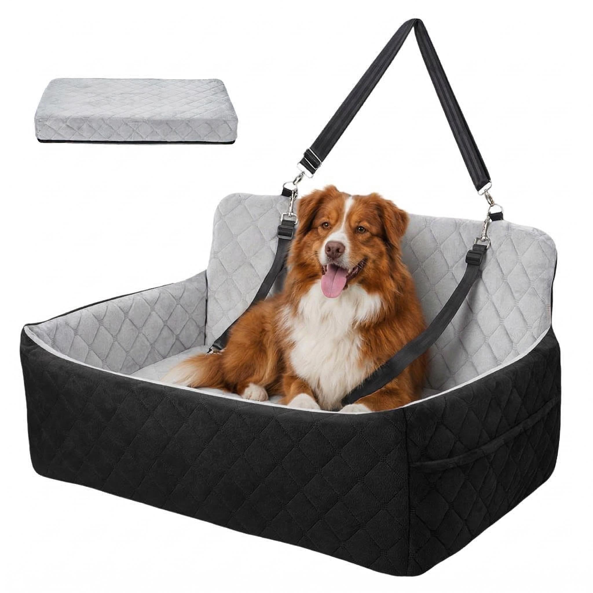 Large Dog Car Seat, Travel Car Dog Bed for Large Dogs Under 55lbs or 2 Small Dogs, Pet Booster Seat with Memory Foam Cushion & 2 Safety Leashes, Safety Travel Per Car Seat, Removable Washable Cover
