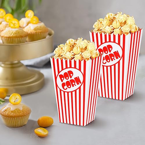 Miniatura 6 de Zahaat 50 cajas de palomitas de maíz de 5.5 pulgadas de alto, bolsas de palomitas de maíz rojas y blancas, mini cubos de maíz y contenedor para