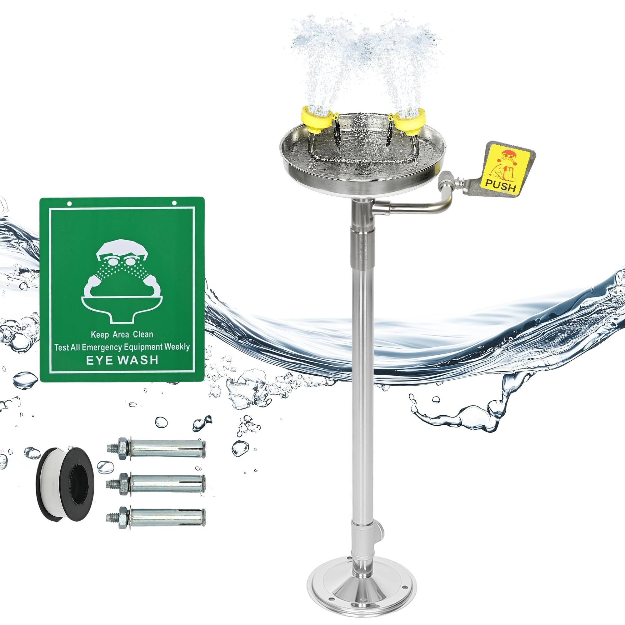 Stand-up-Notfall-Augenwaschstation, 304 Edelstahl, bodenmontierte Augenspülstation, verstellbarer Wasserfluss, Augenwascheinheiten mit doppeltem Sprühkopf und Augenwaschschild für Fabrik, Labor