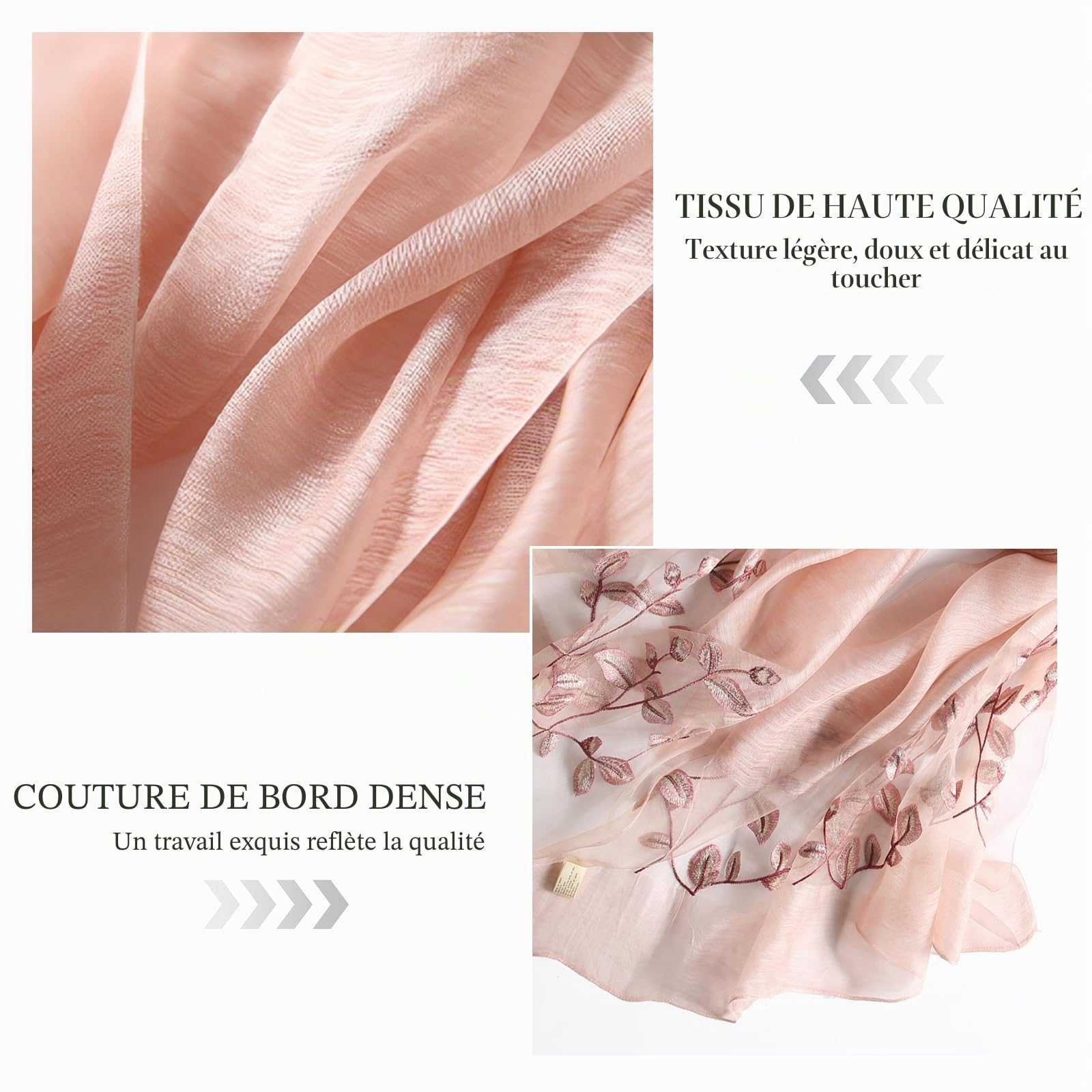 LumiSyne Foulard Soie De Mûrier Femme Écharpe En Mousseline Tulle Transparent Avec Broderie Feuille Léger Doux Écharpe Longue Hijab Châle De Protection Solaire Étole De Mariage Printemps Été Automne