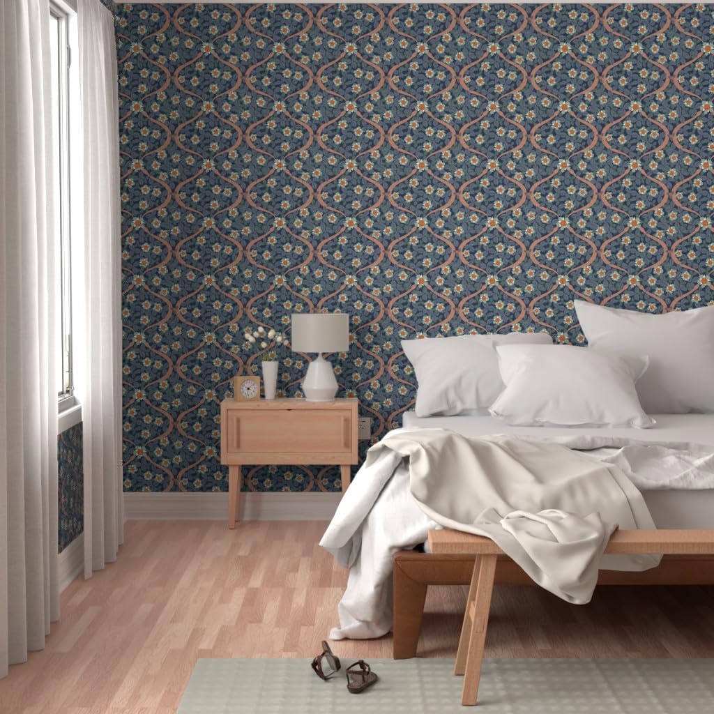 Peel & Stick Wallpaper 3ft x 2ft - Floral Navy Botanical Dark Blue Snake Arts and Crafts Maximalist Strawberry Art Nouveau Medium Scale Custom Removable Wallpaper by Spoonflower