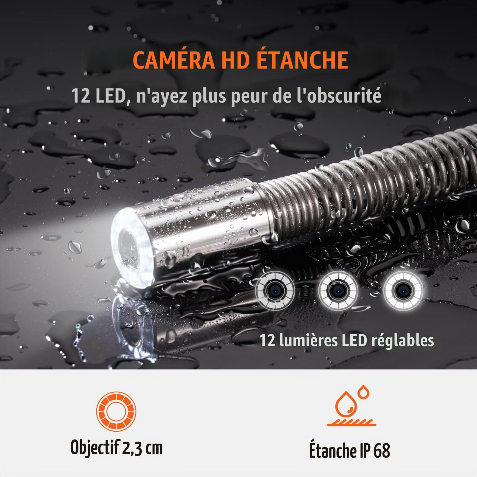 VEVOR Caméra Inspection Canalisation 50 m Caméra Endoscopique Drain Écran 9'' avec Enregistreur DVR Étanche IP68 12 LED Réglables Carte SD 16 Go pour Conduite d'Égout Maison Plomberie Tuyaux Vidange