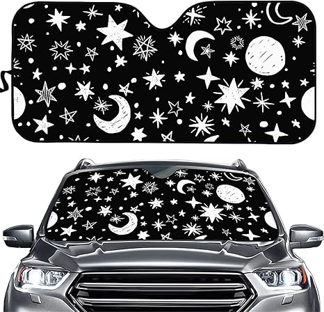 AFPANQZ Moon and Stars Print Car Windshield Sun Shade Sunshades Keep Vehicle Cool Sun Protection Your Car from Sun Heat UV Ray Visor Protector Auto Interior Accessories Protection Black Bling