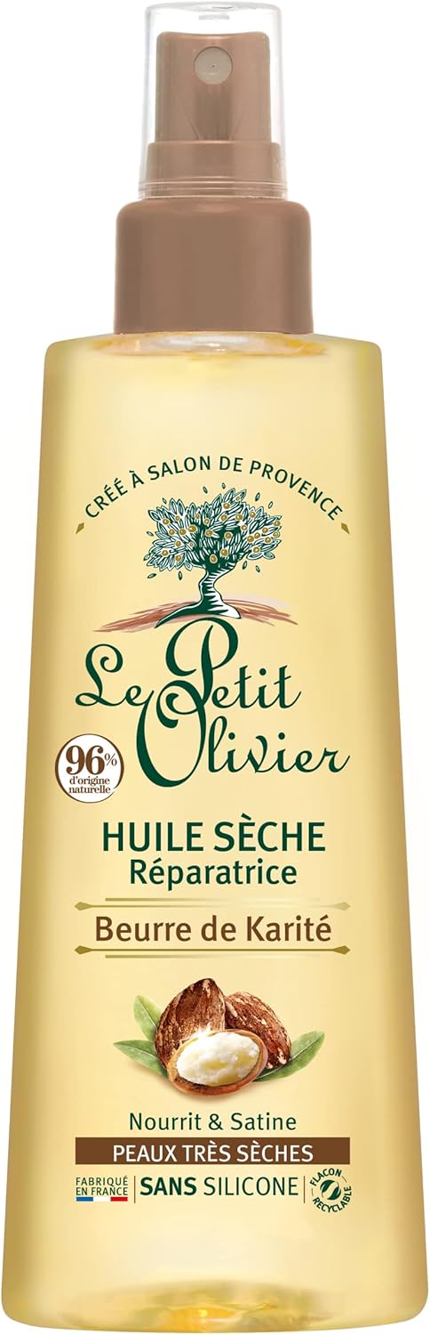 LE PETIT OLIVIER – Huile Sèche Réparatrice – Beurre de Karité – Nourrit & Satine La Peau – Peaux Très Sèches – 96% D’Origine Naturelle – Sans Silicone – Fabriqué en France – 150 ml