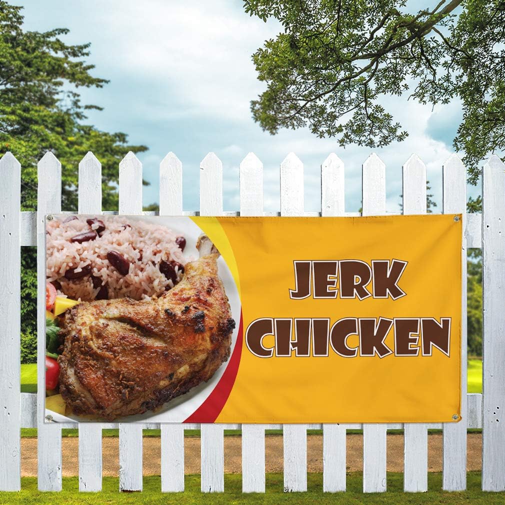 Vinyl Banner Multiple Sizes Jerk Chicken Outdoor Advertising Printing Food & Beverage Outdoor Weatherproof Industrial Yard Signs Yellow 4 Grommets 16x40Inches
