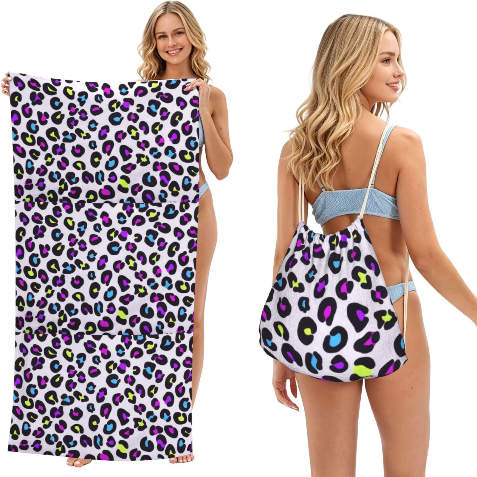 Poadnly As Picture Colorful Pink Purple Blue Neon Green Leopard, 2 In 1 Packable Towel Bag, Beach Towels With Drawstring Backpack For Travel Holiday Camping