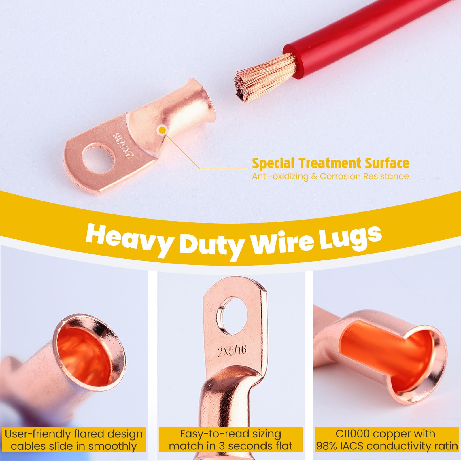 TKDMR 20 pezzi 2/0 AWG-3/8 pollici, scarpe in filo di rame, robuste estremità del cavo della batteria, morsetti ad anello tubolari, scarpe ad anello crimpato AWG, terminali per batteria con tubo