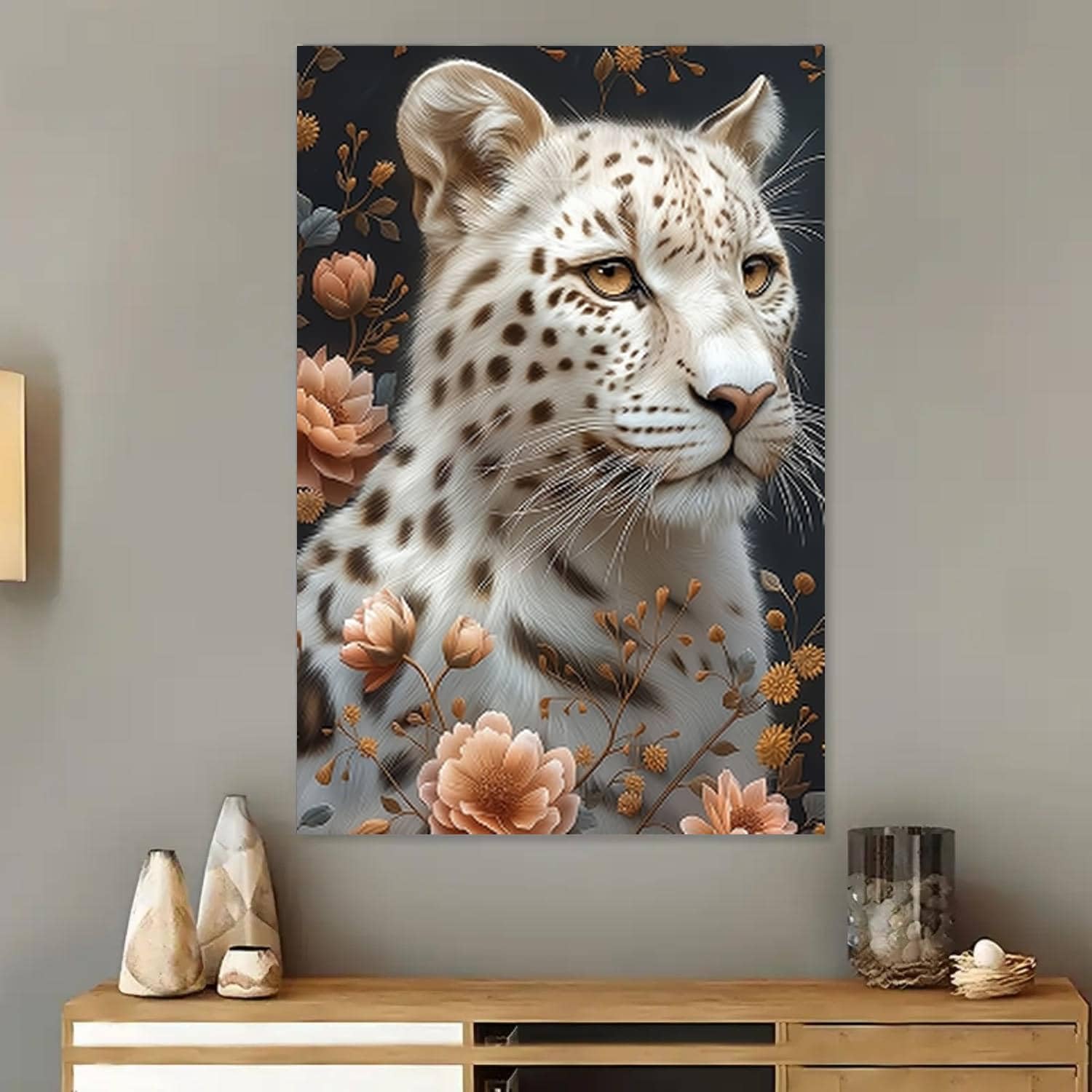VCBNUGH Elegante stampa su tela con animali selvatici, motivo leopardato con fiori rosa, decorazione murale di lusso su sfondo scuro (50x70 cm/con cornice)
