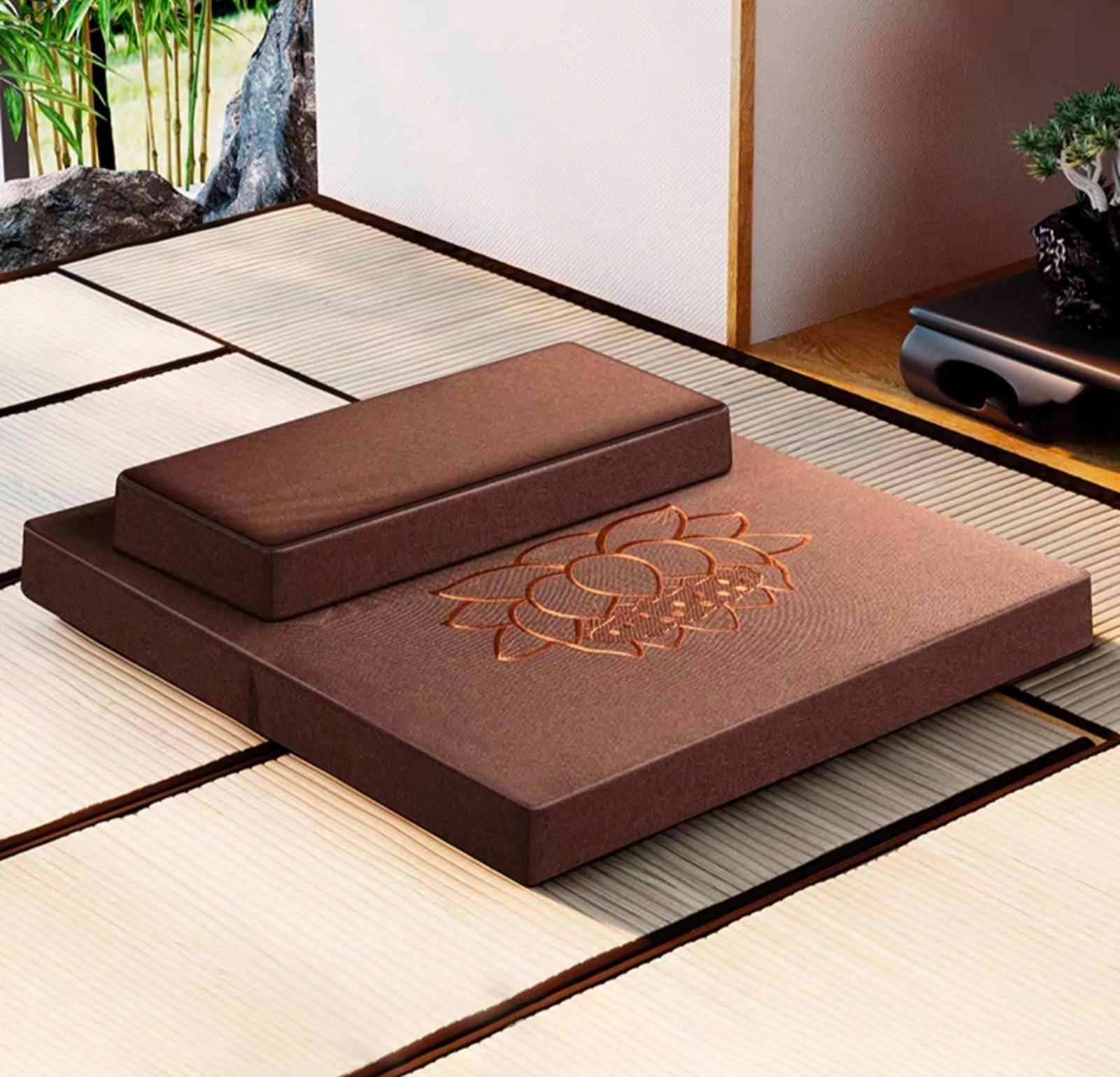 Grand Coussin De Méditation, Tapis De Méditation Carré à La Main, Coussin De Sol Pliable Portable(Size:28x28inch,Color:café)