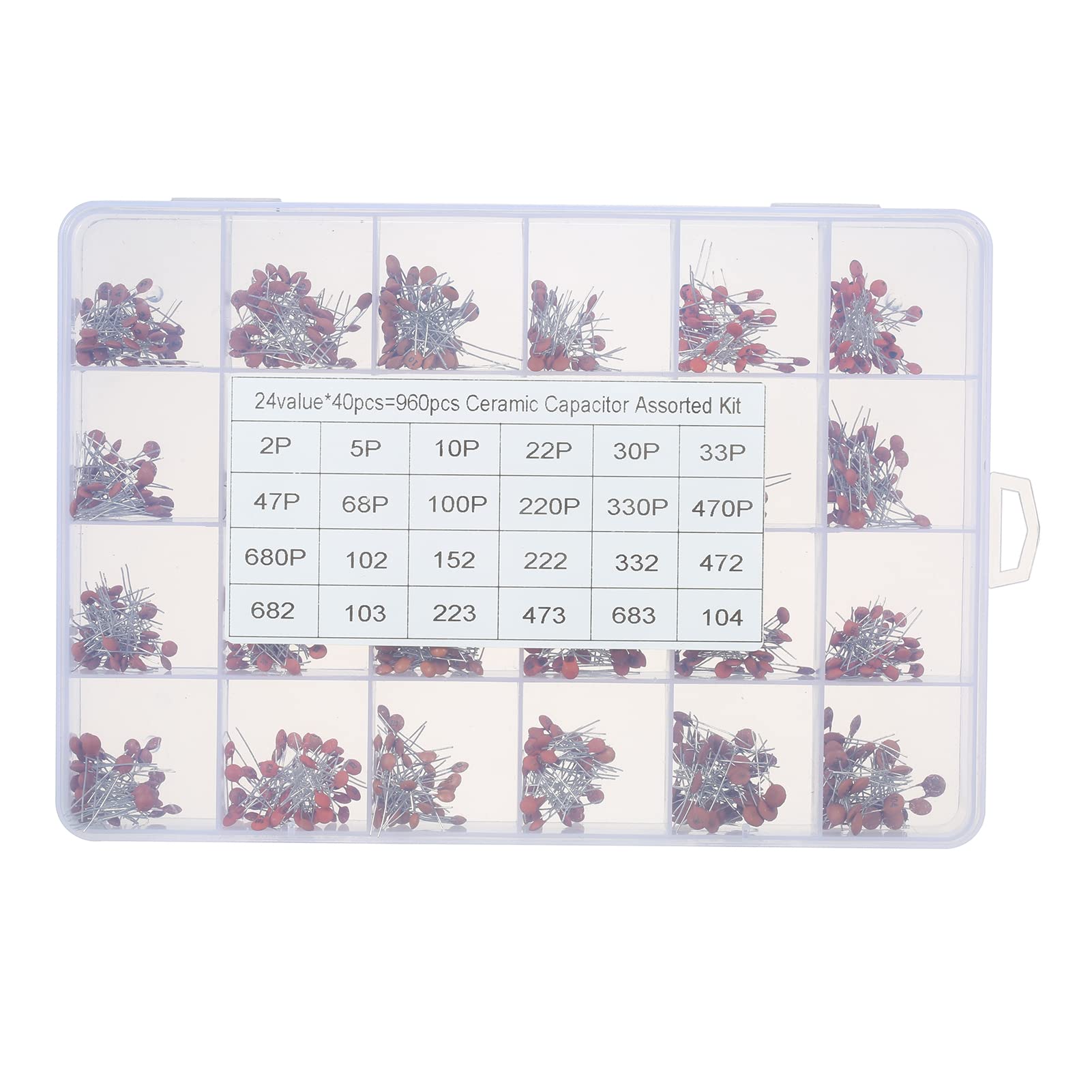Irovami 960pcs Ceramic Capacitor Assorted Kit 2pF-0.1uF 24 Values * 40pcs DIP Ceramic Chip Capacitors Set with Transparent Plastic Box