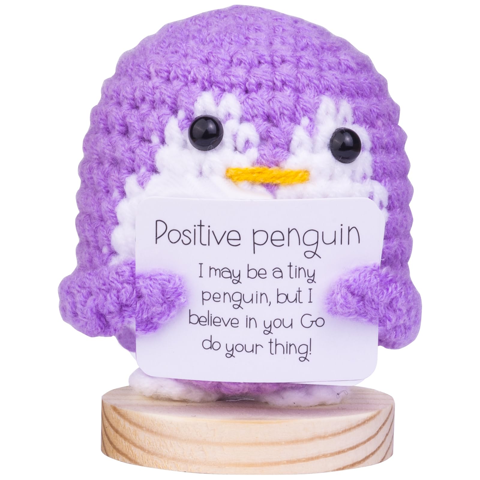 Funny Penguin Doll, Cute Knitted Wool Penguin, Handmade Emotional Support Crochet Penguin Gift with Wooden Base Positive Card for Car Home Office(Purple)
