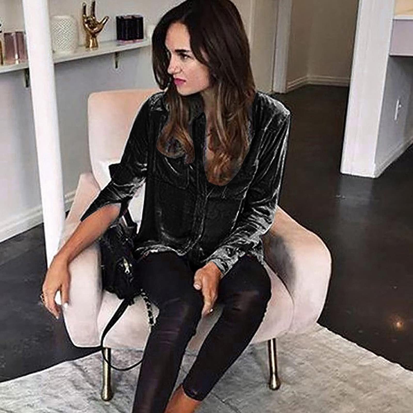 Femmes Hiver Mode Pots Blouse Blouse à Manches Longues Solide Élégante Poche Boutonnière Chemise Décontractée Blouse Bleu Clair, Noir , M