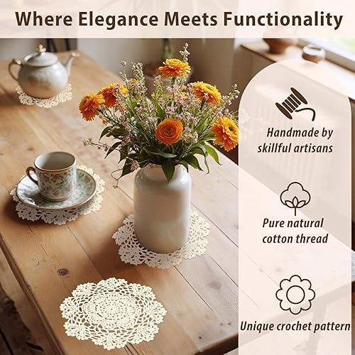 Miniatura 8 de kilofly Juego de manteles individuales de encaje de algodón de ganchillo, 4 unidades, beige, floral, 7 pulgadas