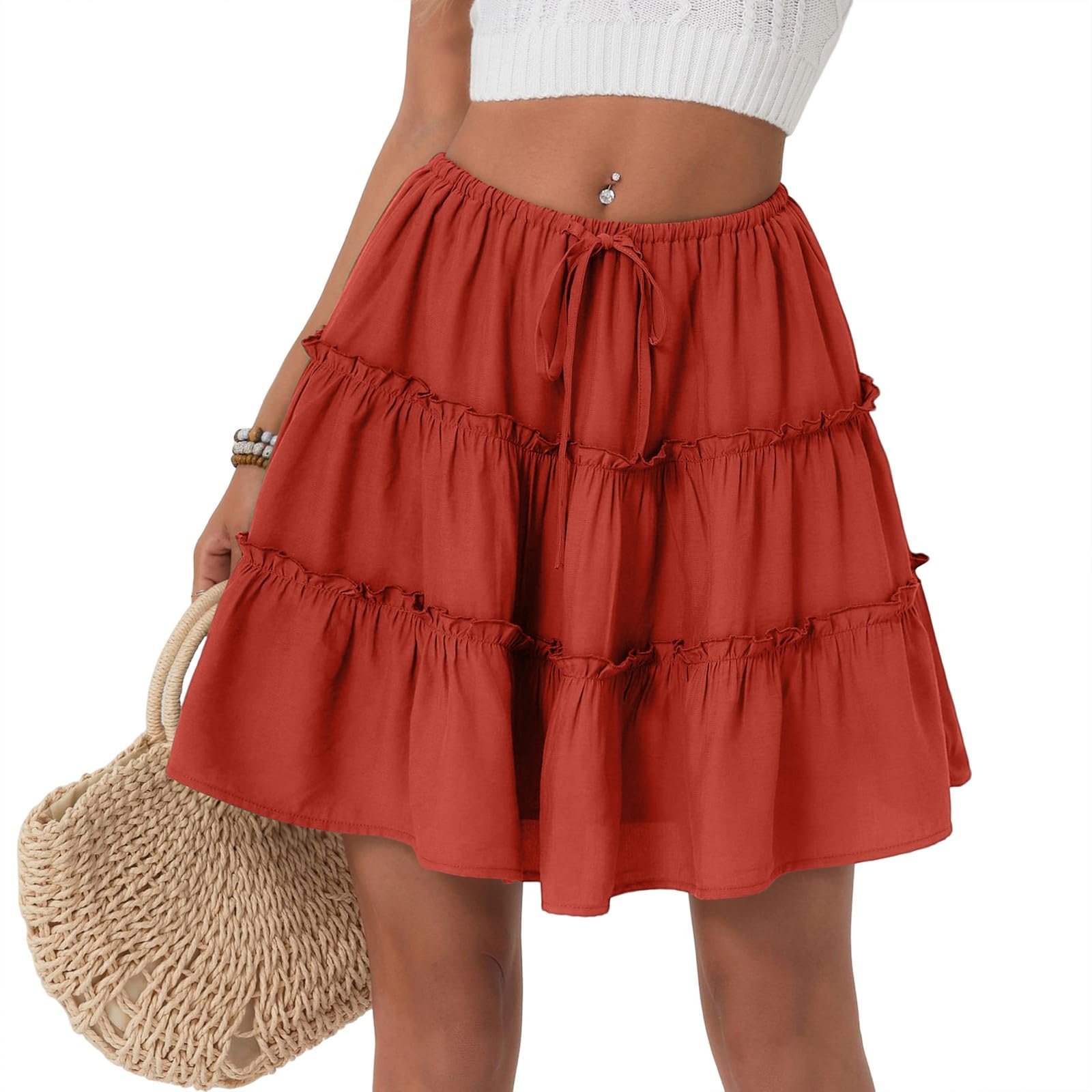 Flowy Mini Skirts for Women Linen Tiered Short Skirt Summer Ruffle Boho Skirt Casual Elastic Waist Lounge Cute
