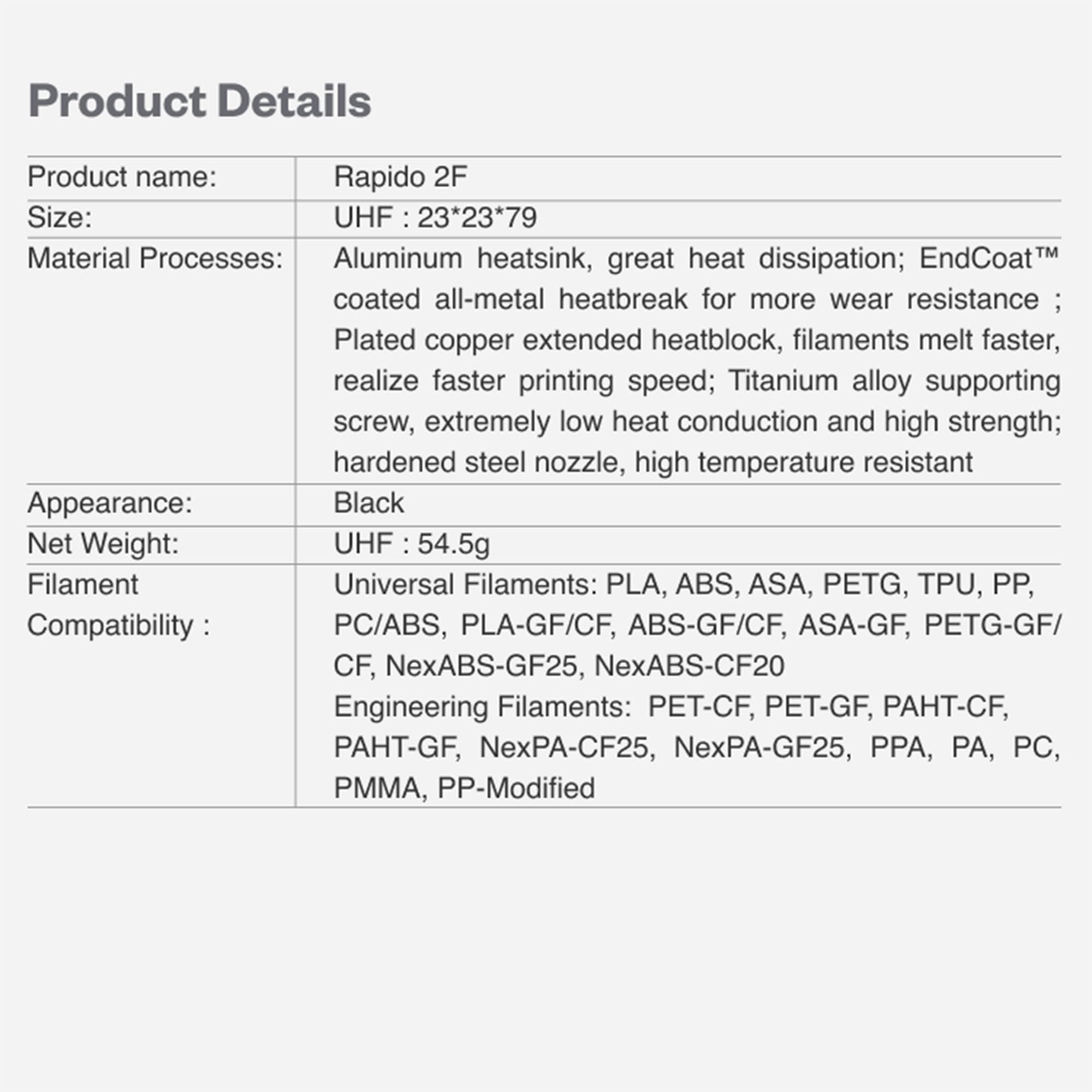 Phaetus Rapido Hotend 2F Negro 1,75 mm UHF PT1000