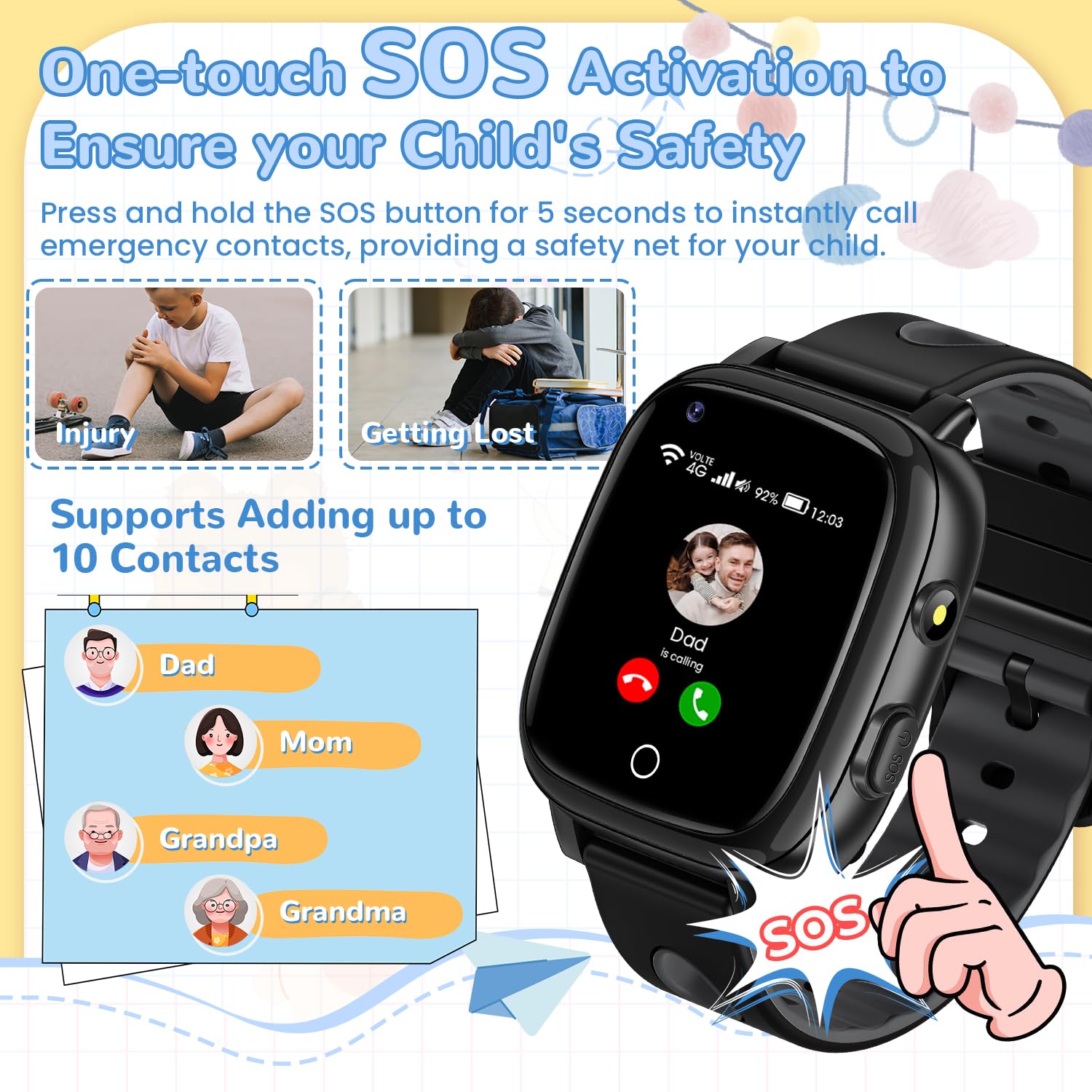 JoJoego 4G Smartwatch Bambini con Videochiamate e Telefono, SOS, GPS, Orologio Smartwatch Bambini con IP68 Impermeabile, Chat Vocale, Modalità Scuola, Torcia, Regalo per Ragazzi e Ragazze, Nero