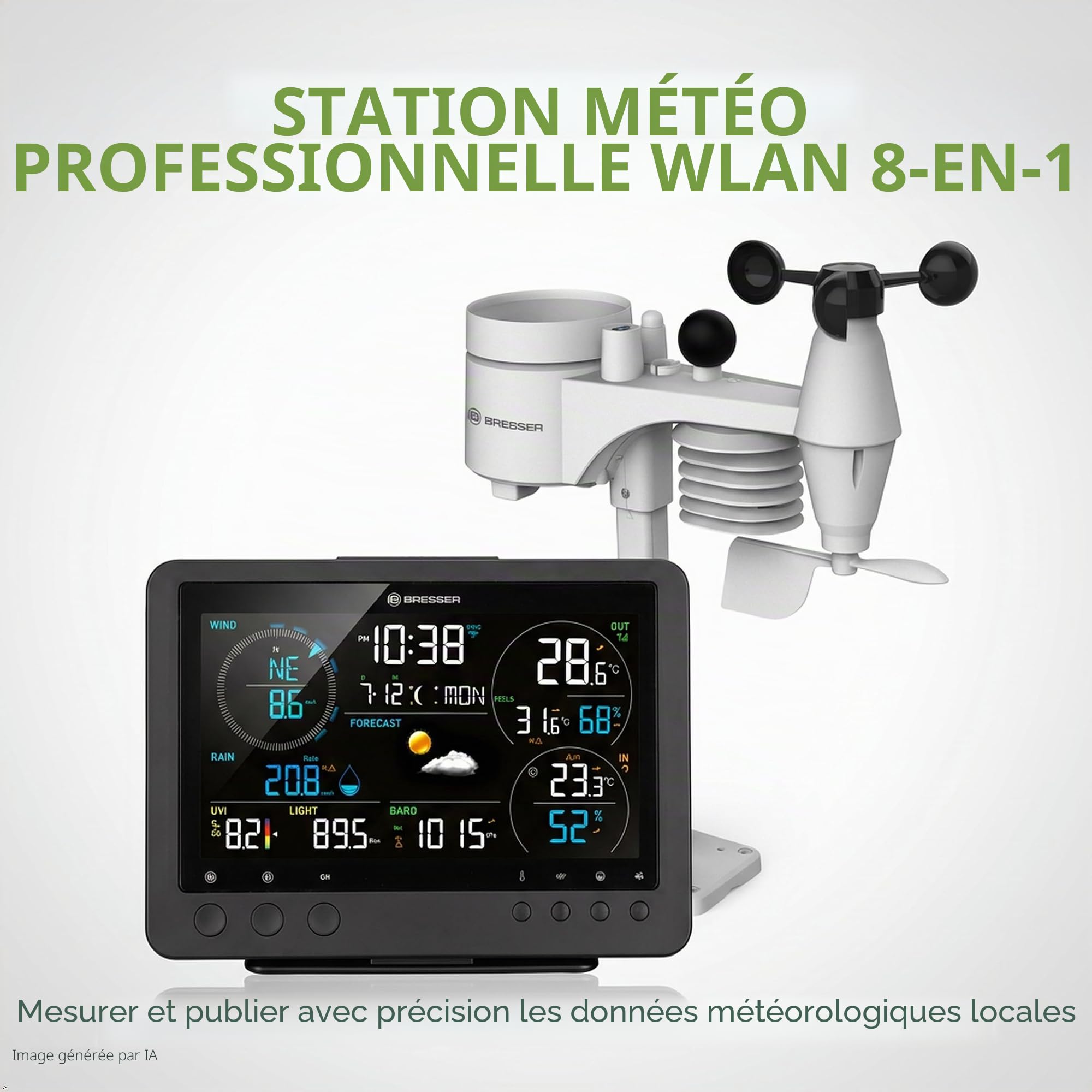 Bresser Station météo WiFi avec capteur 8-en-1 pour WBGT, UV, vent, pluie, lumière, pression, climat intérieur, prévision | Bresser Bise Station météo sans fil professionnelle Wifi 8 en 1