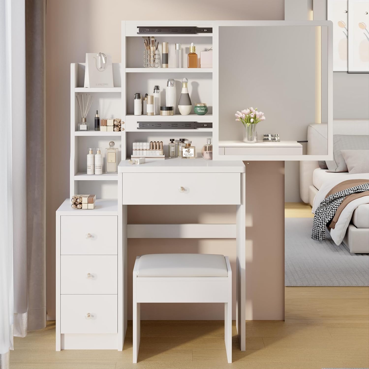 29.2" W Small Vanity Desk with Sliding Mirror, Black Makeup Vanity Set with 4 Drawers and 5 Shelves, Dressing Table with Cushion Stool for Bedroom, Girls and Women