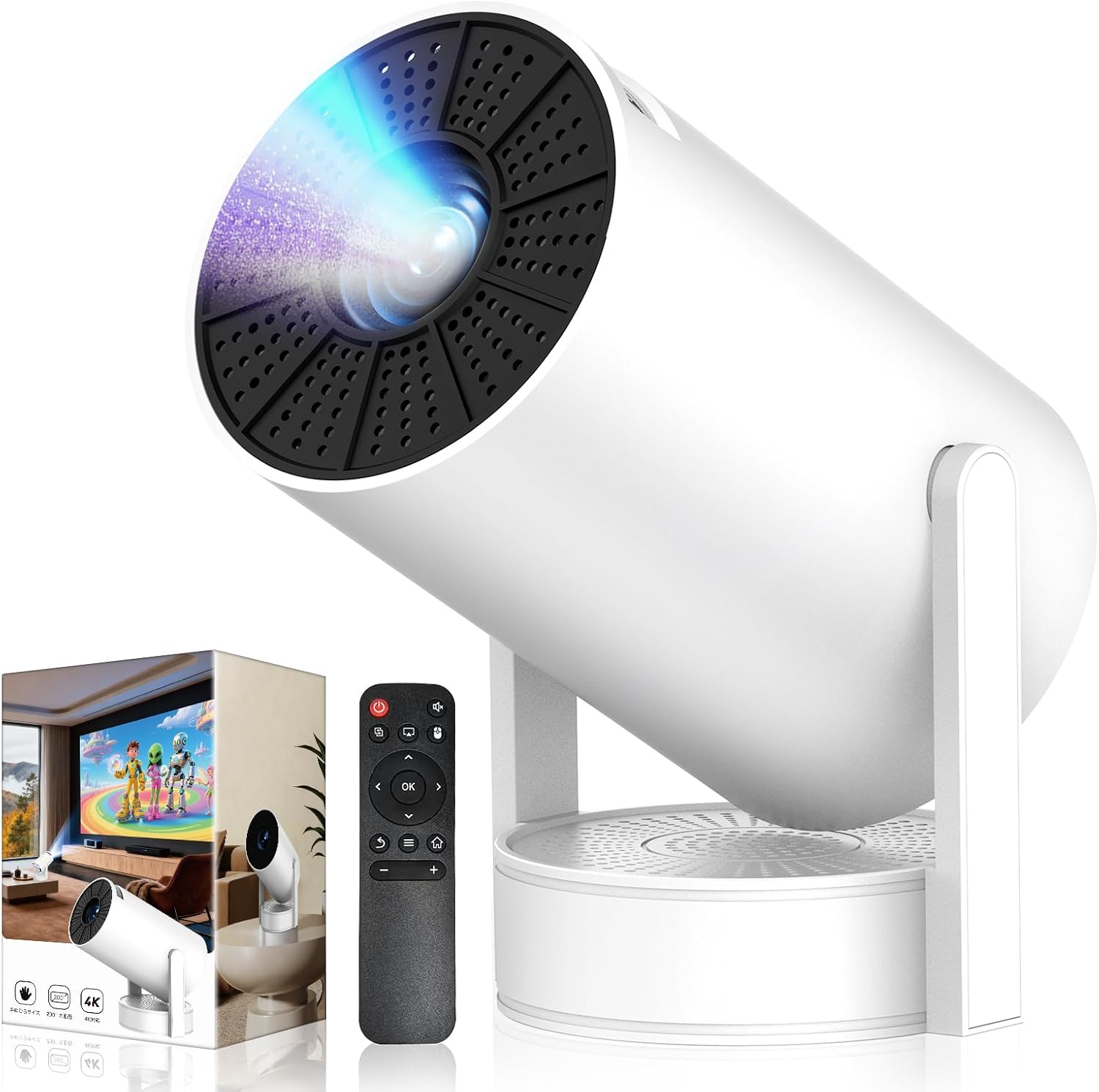 プロジェクター 家庭用 小型【2026音質強化バージョン・外部スピーカー・HDR高ダイナミック画質】27000LM 270°回転 高輝度 1080P 天井投影 Wi-Fi6 大画面 Android TV搭載 Bluetooth5.4 HiF