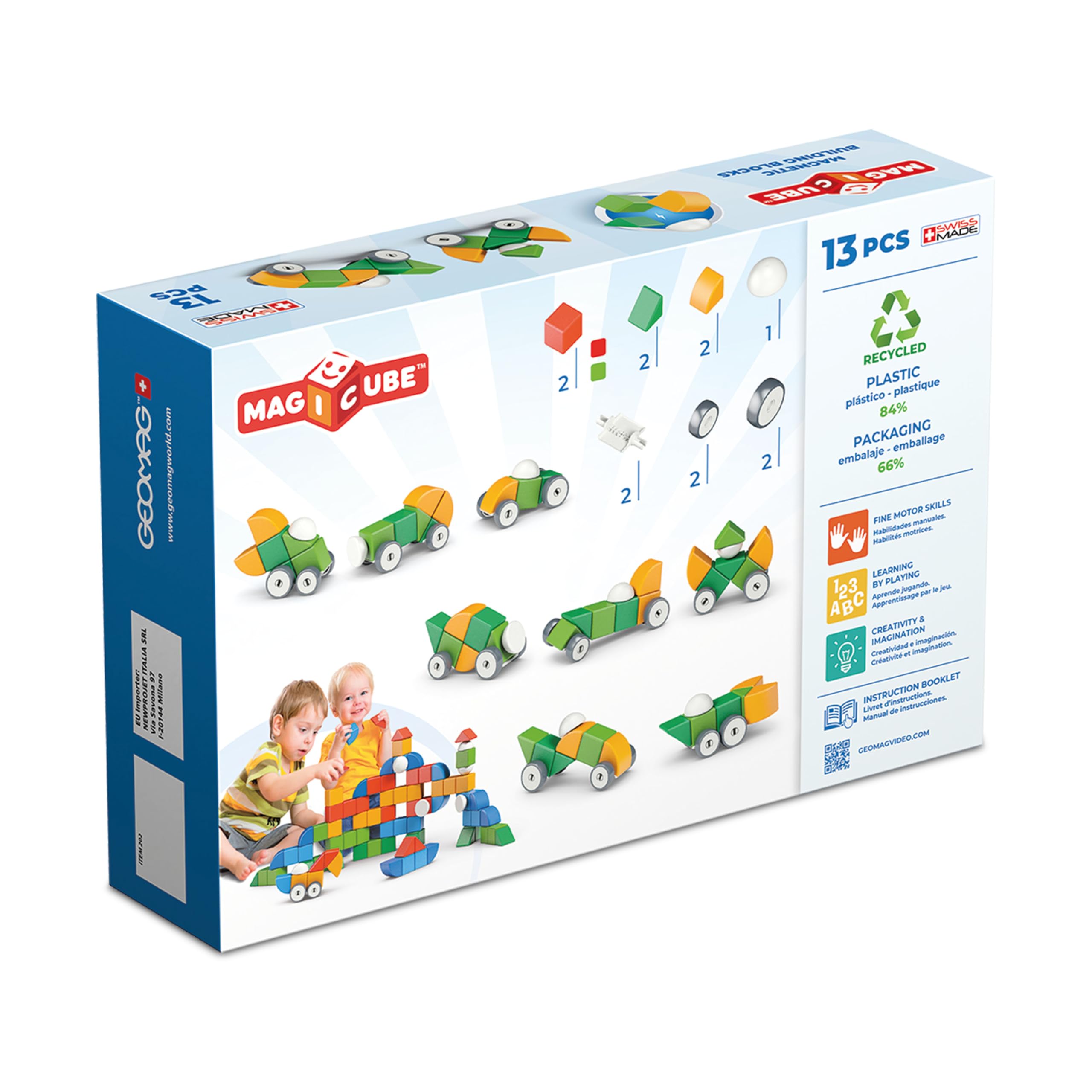 Geomag - Magicube 1+ Shapes - Blocchi Magnetici per Bambini - 4 Colori e Forme - Confezione da 13 Cubi - 100% Plastica Riciclata