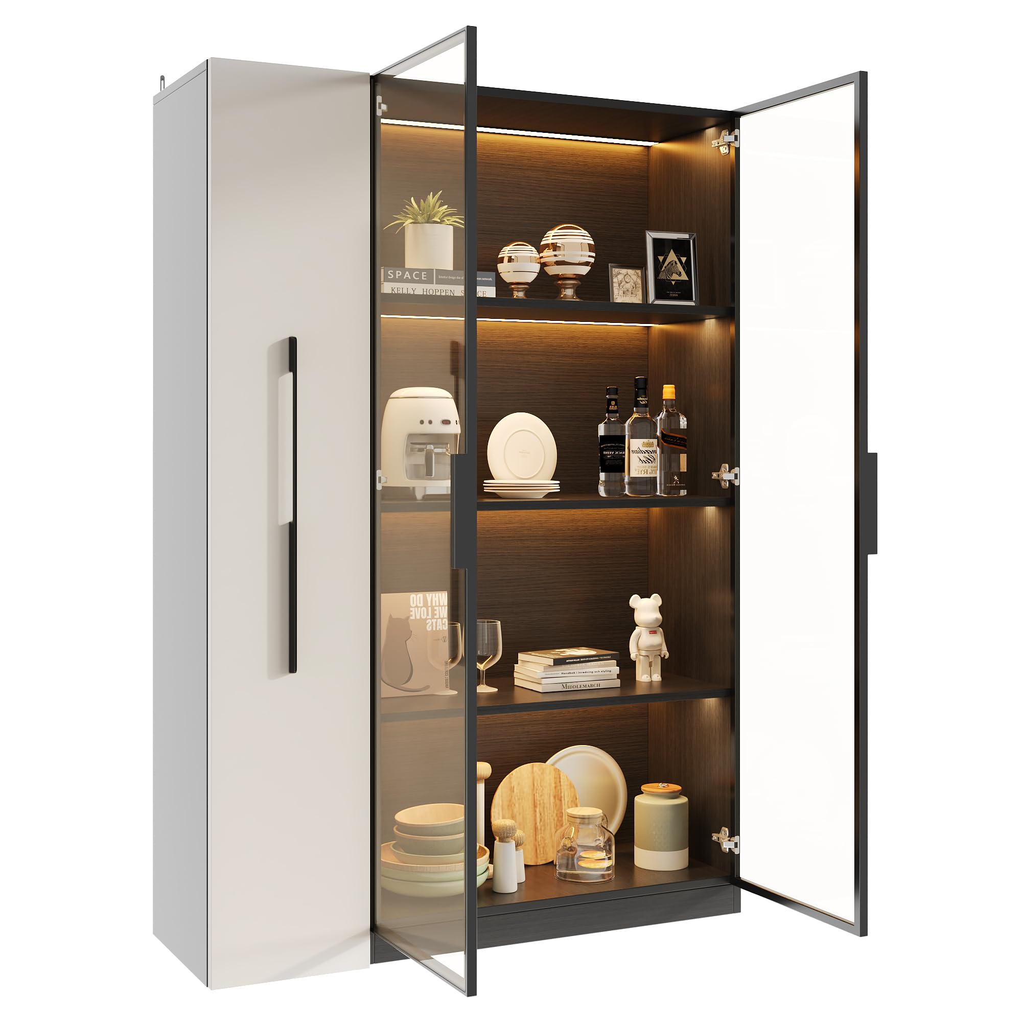 Multifunzionale Armadio 110,5×35×160 cm - Vetrinetta con Porta in Vetro e LED, Estrazione Laterale, Armadio a Ruote Bianco e Nero, Mobile Alto, Libreria, Armadio per Bagno, Credenza per (B)