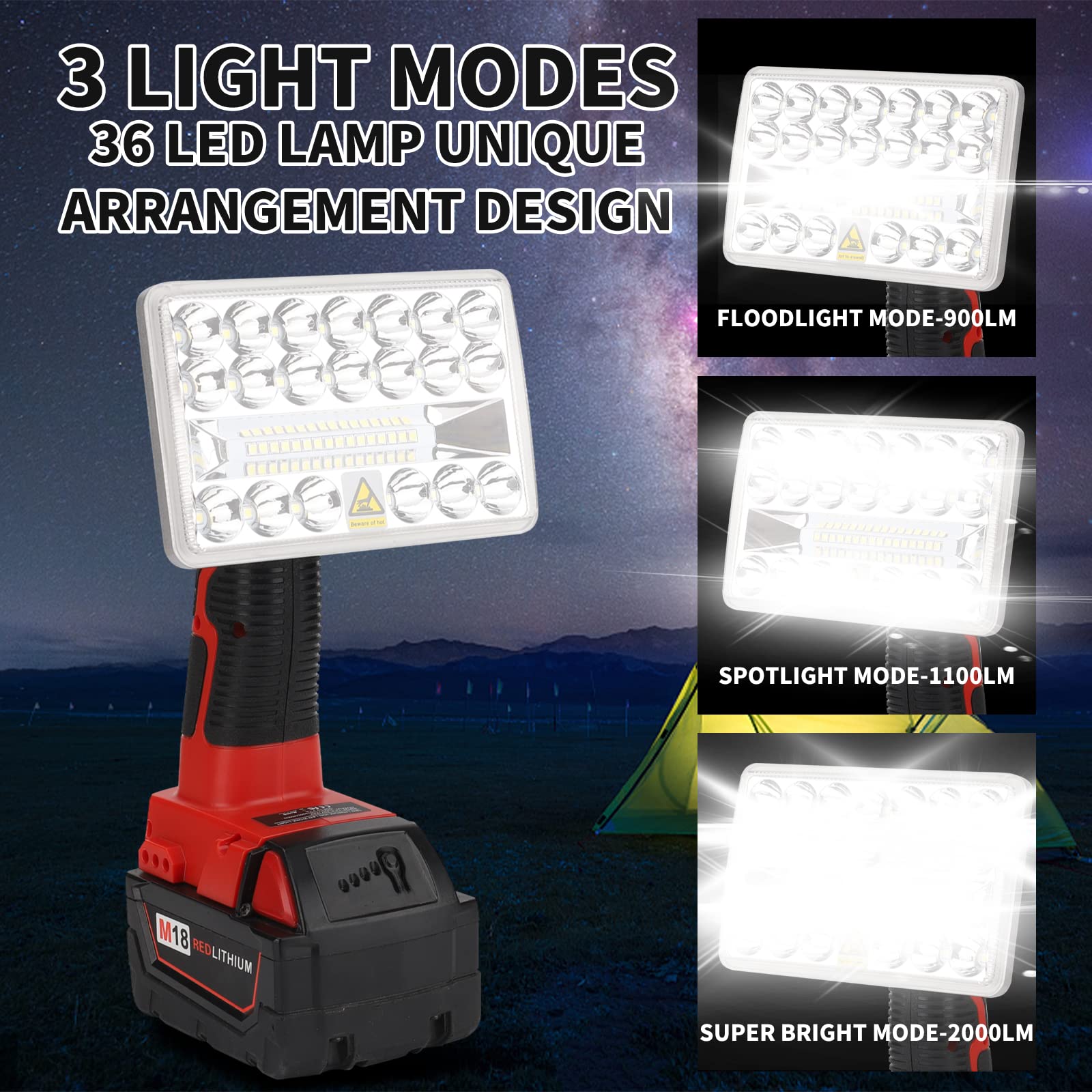 Taingwei Lampe LED sans fil 2000LM pour Milwaukee M18 Lithium Battery,Lampe de travail 18v pour le camping, la réparation de voiture, l'éclairage d'urgence et de chantier