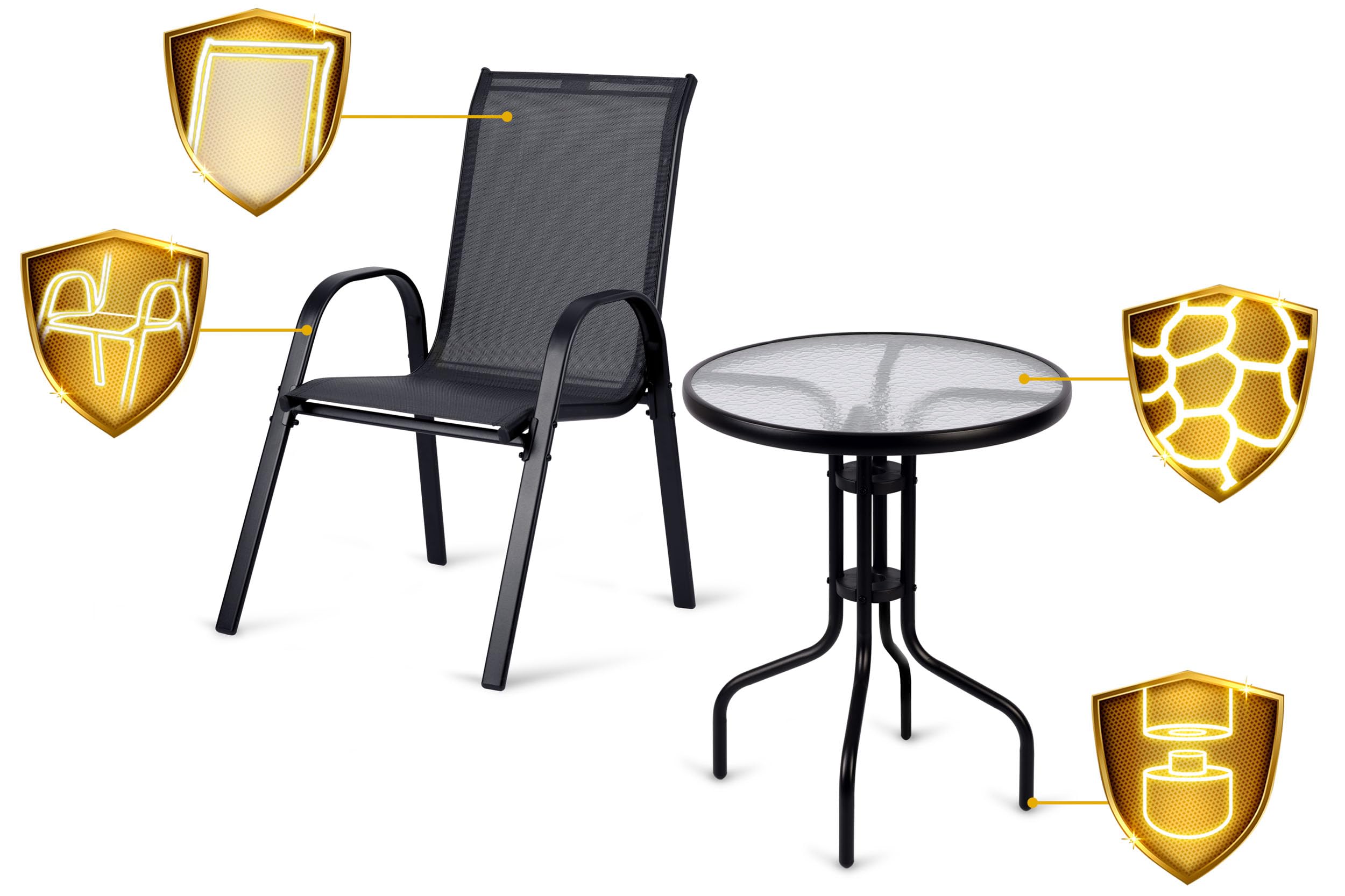 Juego de Muebles de jardín, 3 Unidades, Mesa de jardín, 2 sillas de jardín, Metal, Color Negro