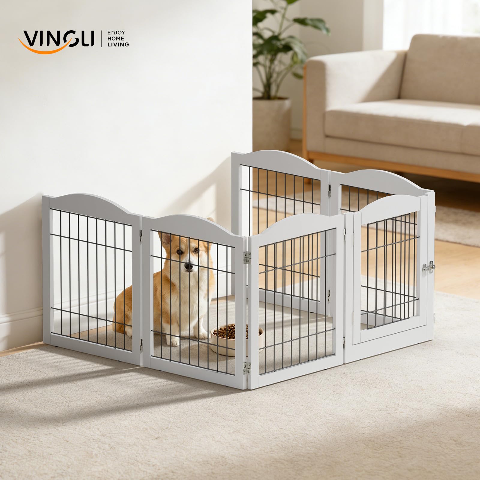 VINGLI Recinto per Cani da Interno, Recinto Cani in MDF e Metallo con Piedini Antiscivolo, Cancello per Animali Domestici per Angoli e Vano Scala (312 x 1,8 x 61cm, 6 Pezzi)
