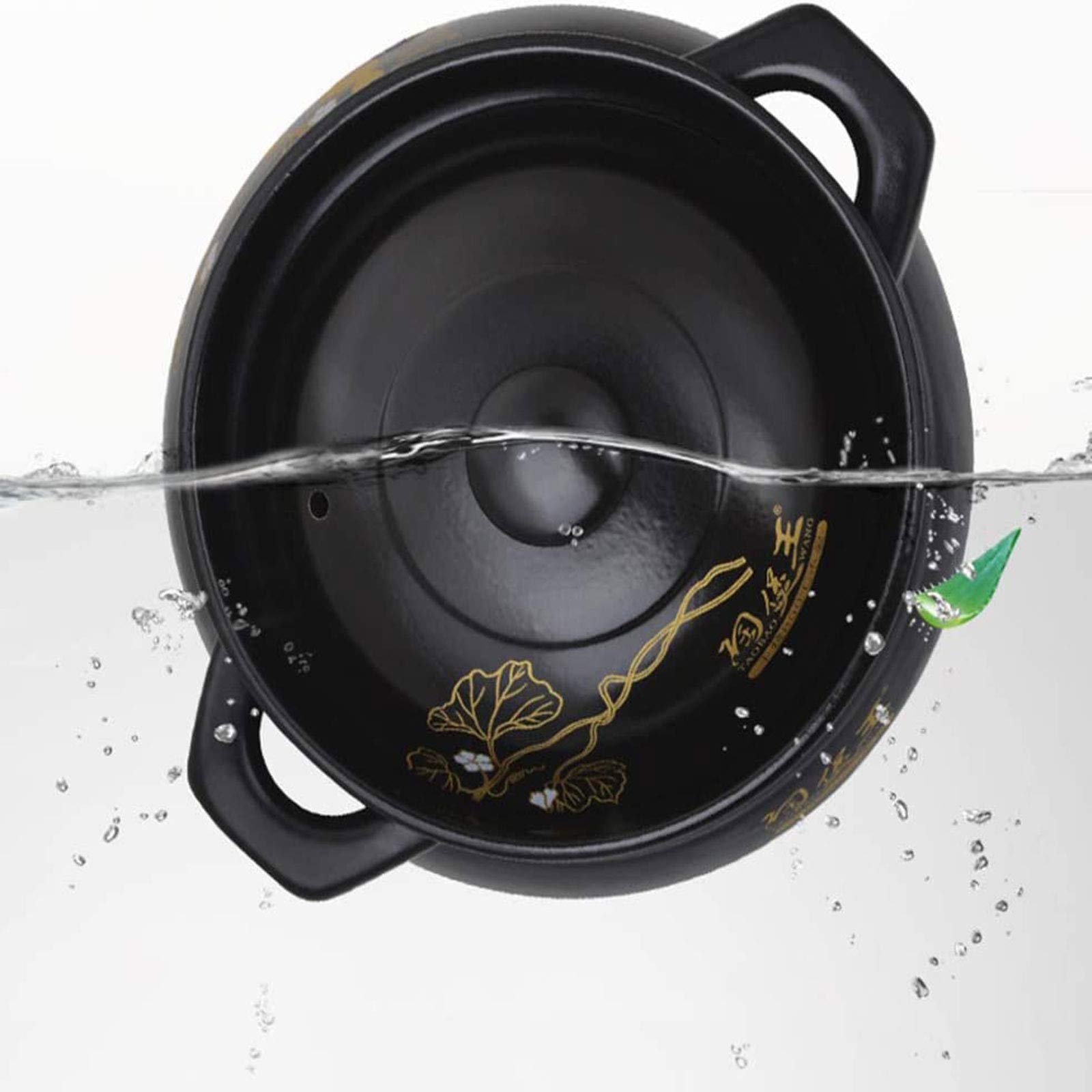 Schmortopf mit Deckel, Bratpfanne – großer runder Schmortopf aus Steingutkeramik, Doppelgriff, schwarz (Schwarz 3,2 l)