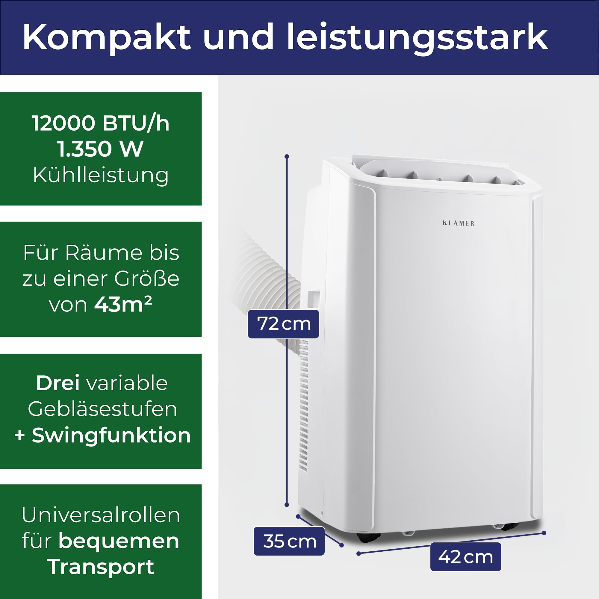 KLAMER Mobile Klimaanlage 12000 BTU, bis 43m², 3-in-1, Abluftschlauch | Kühlung, Ventilation & Luftentfeuchtung, 3 Gebläsestufen, 24h Timer, Nachtmodus, Fernbedienung, R290 Kältemittel