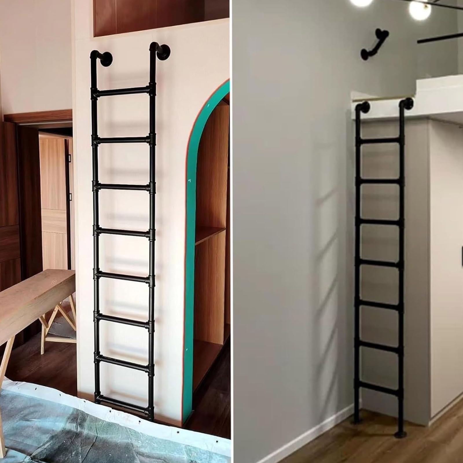 Escalera de Pared Robusta de Hierro Forjado Negro para casa, ático, Medidas de protección contra Incendios de Emergencia, Techo Exterior/Garaje, buhardilla, como Accesorio para literas