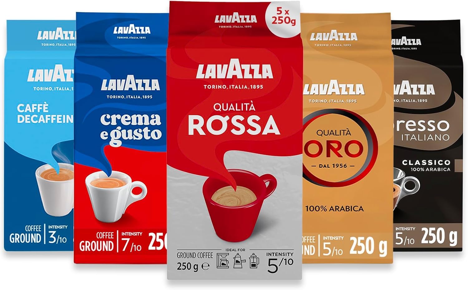 Lavazza Ground Coffee - Oro, Rossa, Crema Gusto, Espresso Italiano & Dek (Decaf) - 5 Pack