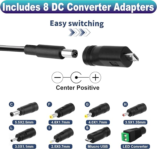 12V 2A Fuente de Alimentación, 24W 12V 2A Universal Adaptador 100-240V 5.5 × 2.1mm Transformador 1.5M Cable con 8 Adaptadores de Enchufe de 1000mA 1500mA 2000mA para LED Router Cámaras de Seguridad - 3