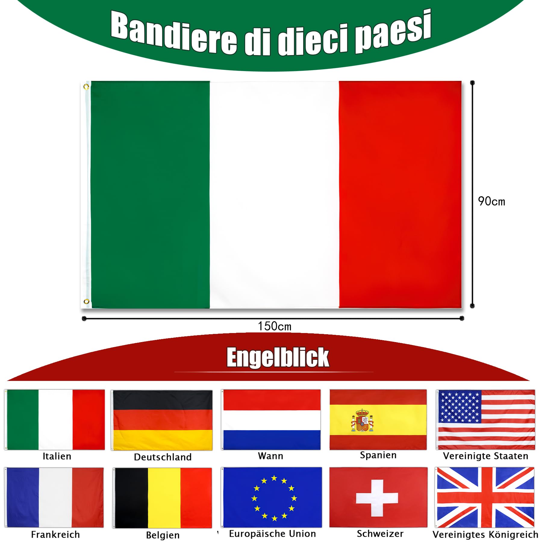 10 Pezzi Bandiere Nazionali con Anelli 150x90 cm.Bandiere del Mondo.Bandierine Nazioni Mondo da Esterni/Interni.Set Include:UE,Italia,Germania,Spagna,Francia,Olanda,Belgio,Svizzera,USA,Regno Unito