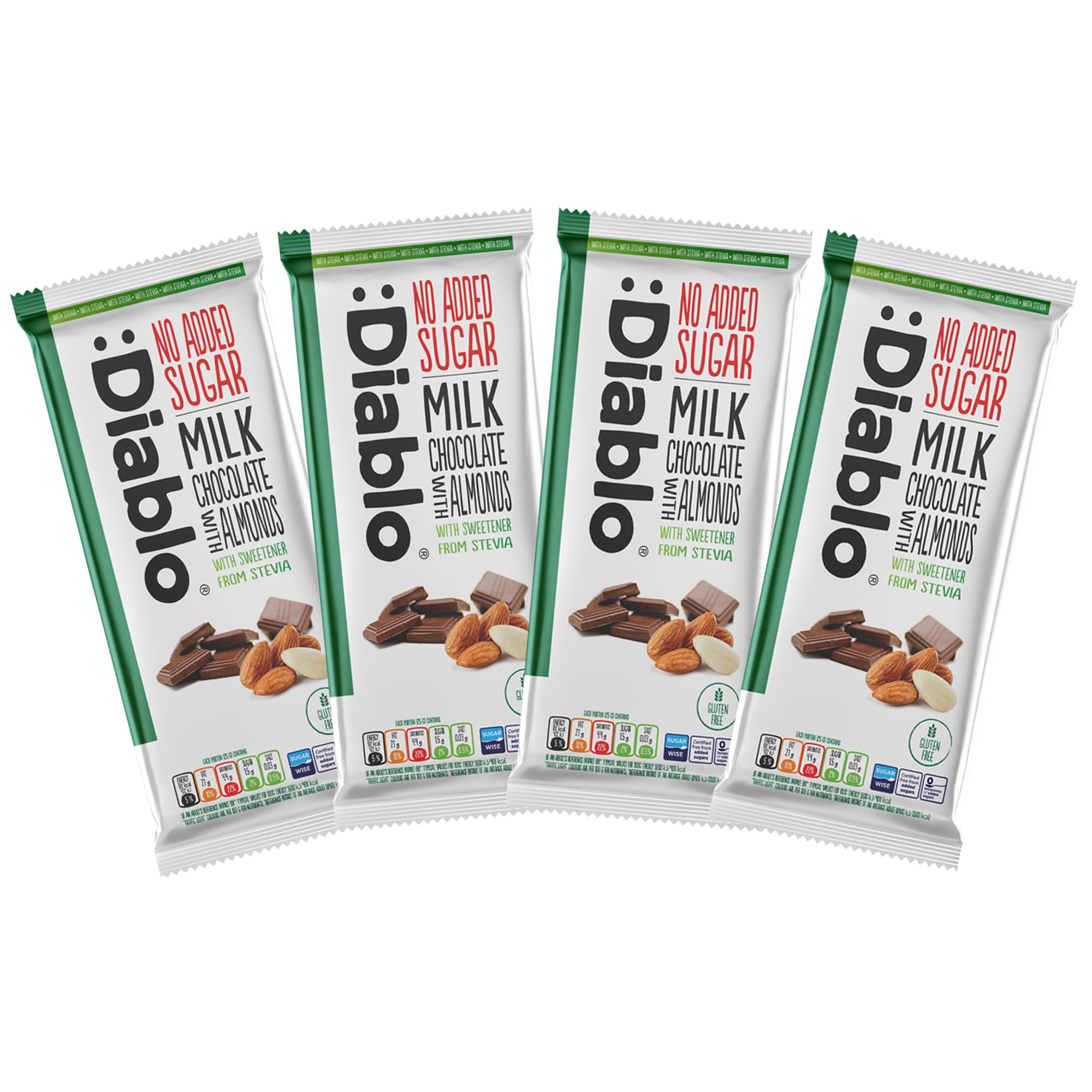 Diablo No Added Sugar Chocolate Bar – Milk Chocolate with Almonds, Sweetened with Stevia, Gluten Free, Ideal for Any Occasion, Birthdays, Valentines, or Gift Hampers, 75g (Pack of 4)