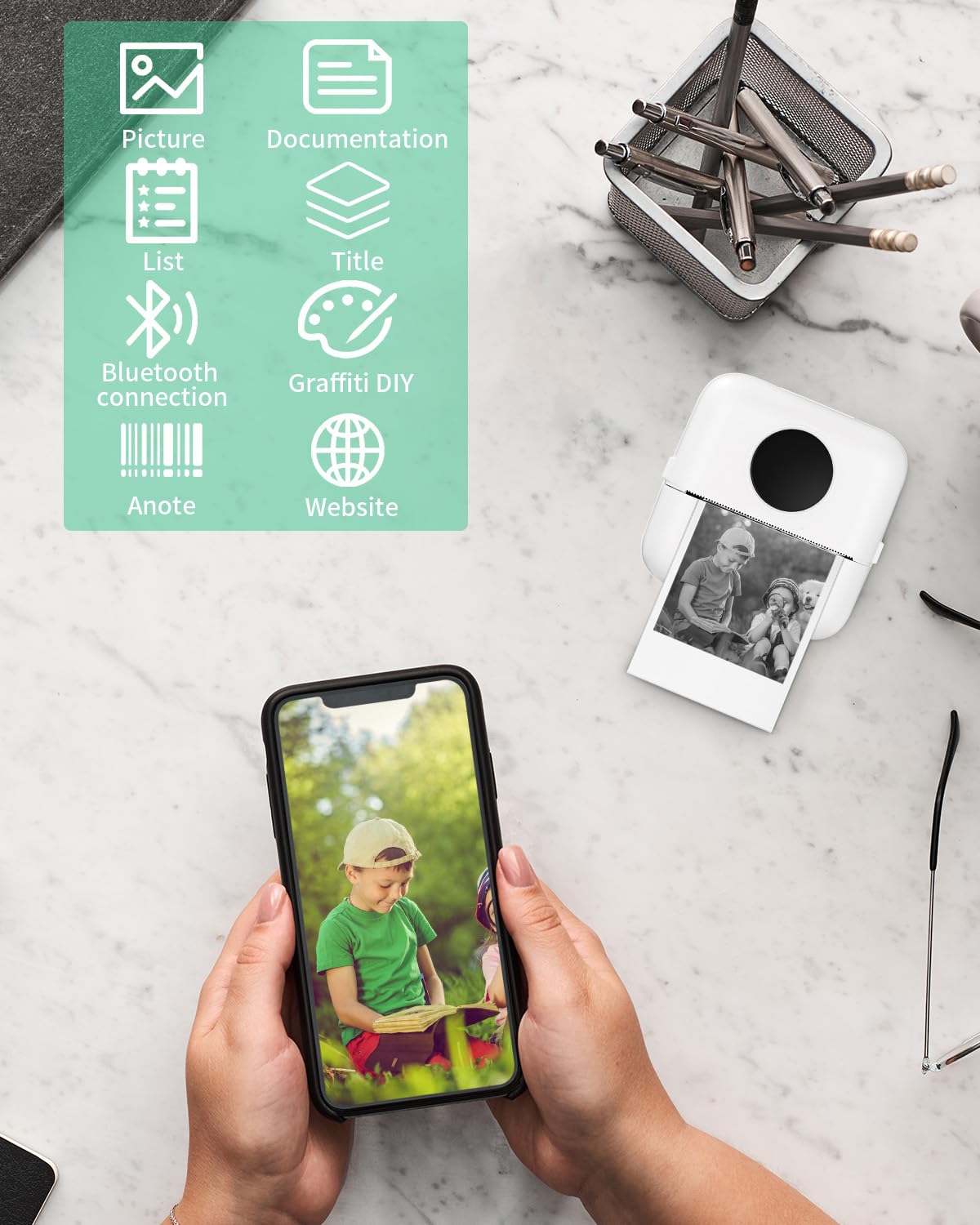 Mini Drucker,Tragbarer Mini Fotodrucker,Wireless Fotodrucker Thermodrucker mit 13 Rollen Druckerpapie und 5 Buntstifte,Smartphone Bluetooth Drucker mit Android,iOS,für Liste,Notizen,Journal,Reise