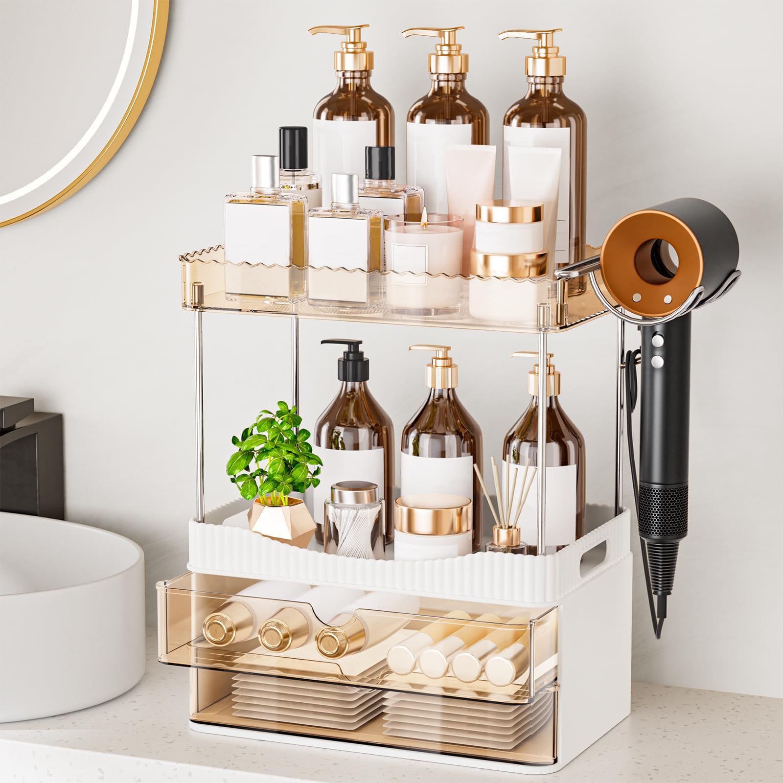 TasticTotes Bathroom Counter Organizer with Hairdryer Holder 2-Tier 2-Drawer Shower Organizer for Skincare Makeup Cosmetics 5-Section Large Capacity