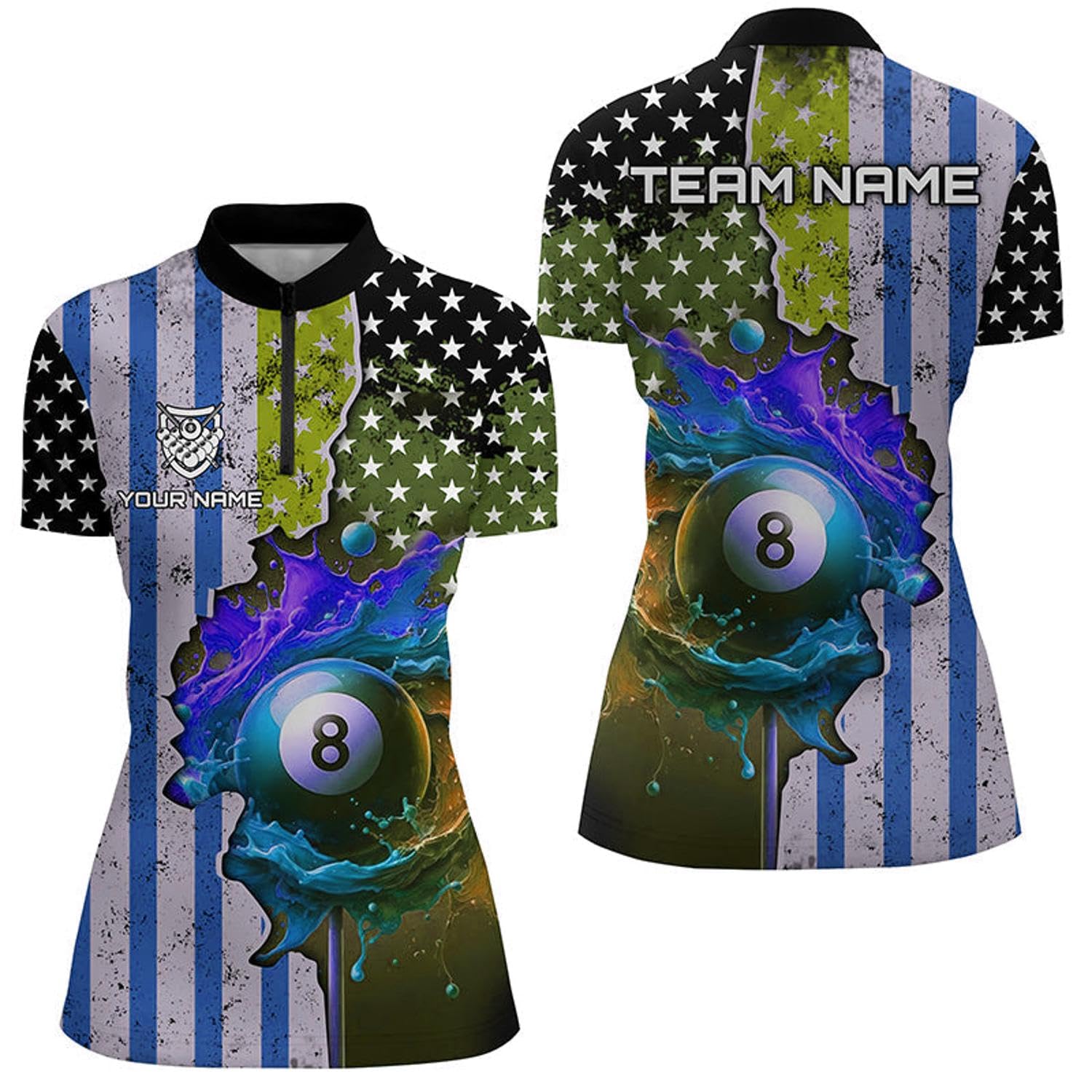 Personalized US Flag Billiard 3D Quarter Zip Shirts for Women Colorful Paint Splash 8 Ball Jerseys V1072