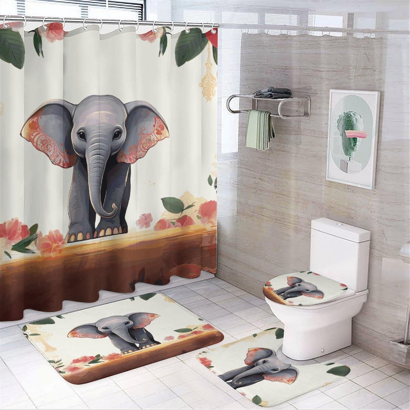Ensemble 4 pièces rideau de douche et tapis pour salle de bain complète