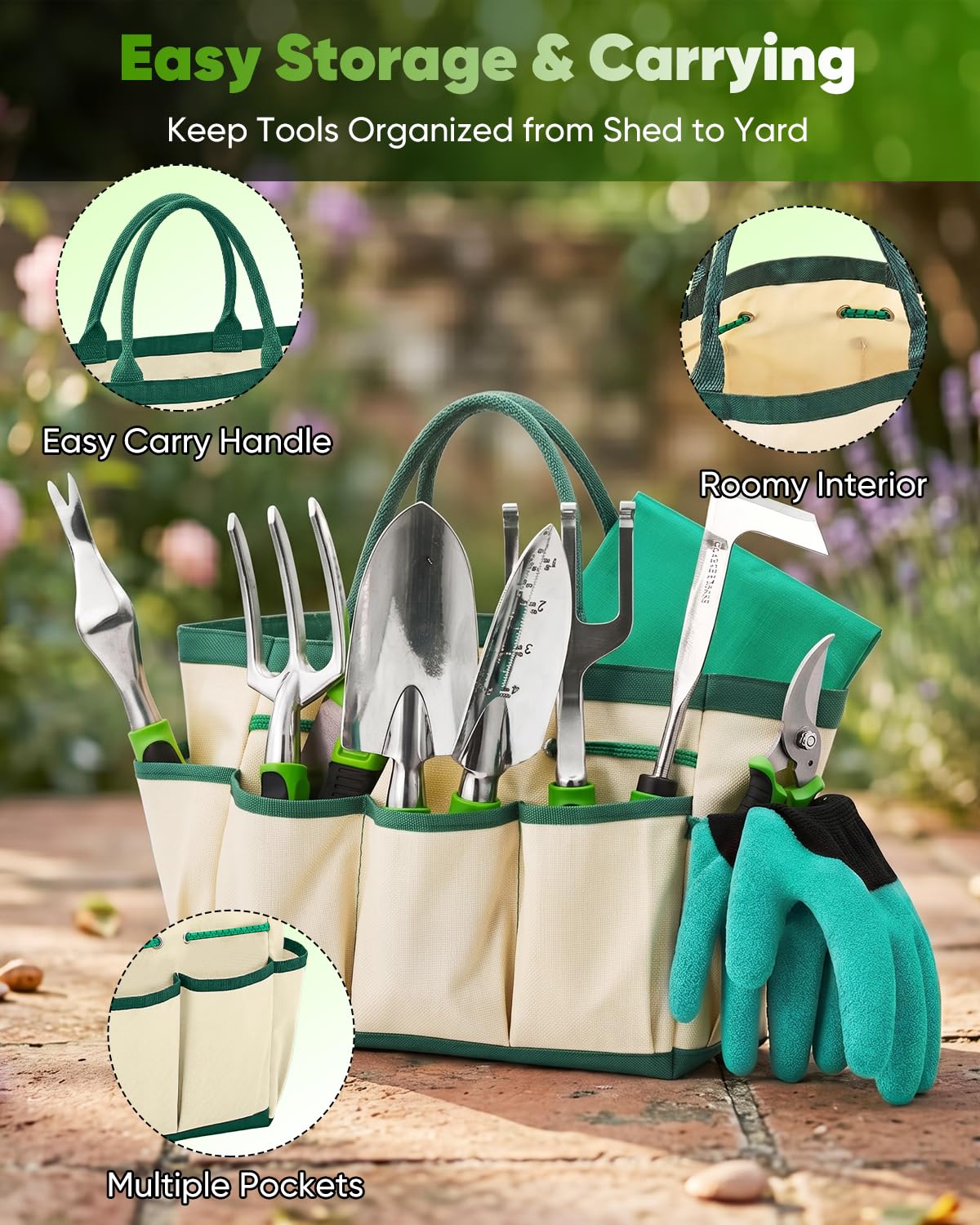 Juego de herramientas de jardín - Kit de herramientas de jardinería de aluminio con asas antideslizantes, guantes de jardinería y bolsa de almacenamiento para plantar, cavar, cuidar el suelo, macizos