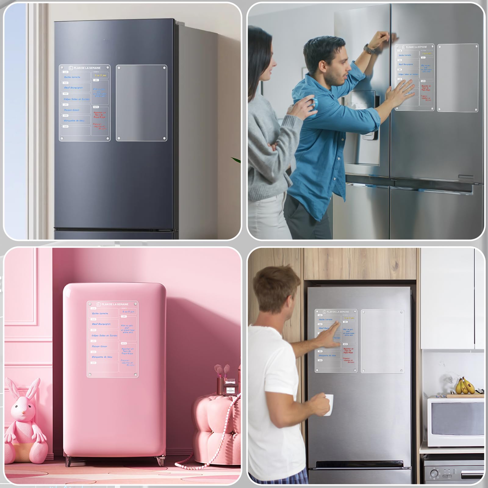Lot de 2 Tableau Magnétique Frigo 30 x 20 cm Acrylique Planning Semaine Effaçable Transparent avec Marqueur à Craie Liquide 6 Couleurs