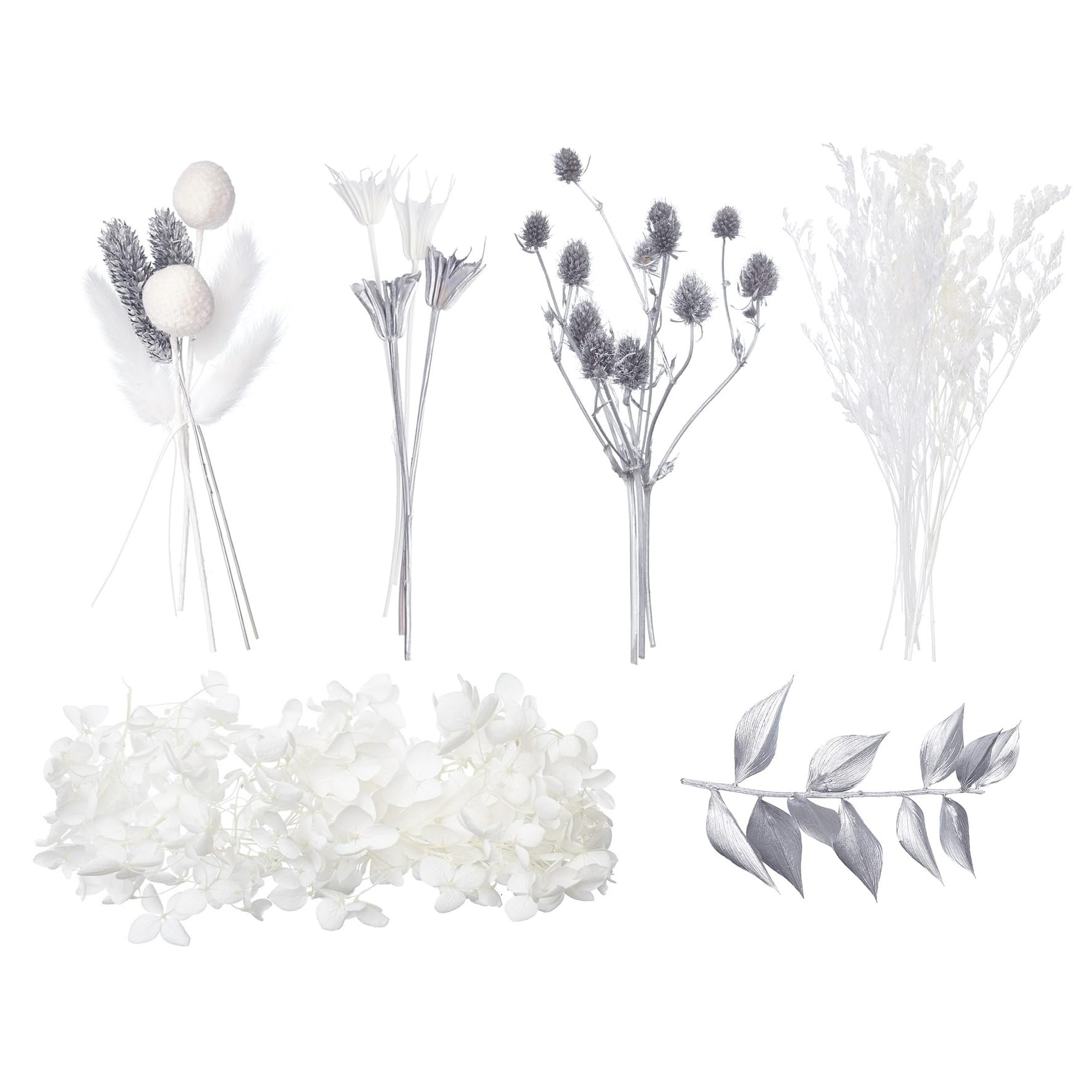 The Baked Studio - Deluxe Dried Flower Set (Silver & White), 18cm x 11cm x 6cm