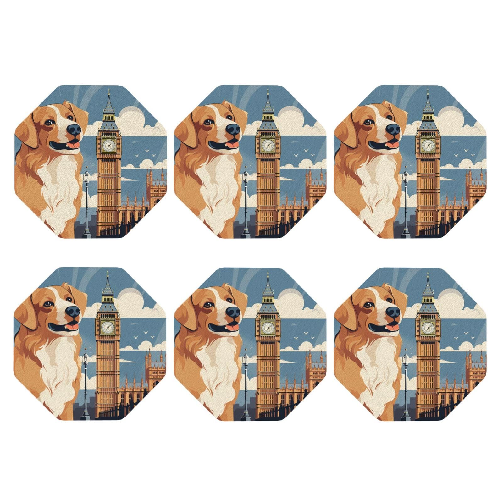 6pcs Leather Coasters for Drinks, Cute Dog Sitting Drink Coasters for Tabletop Protection, 4" Cup Coasters for Coffee Table Decor, Non-Slip Drinking Cup Mat for Hot Or Cold Drink