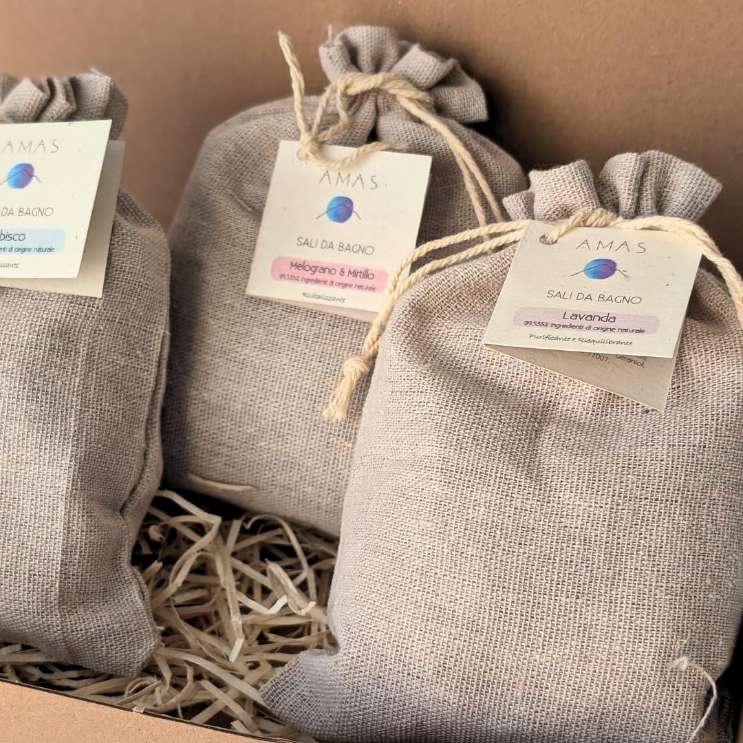 Sales de Baño AMAS - Idea de Regalo - 3 fragancias - 350g (10 usos) x3 - Lavanda Purificante y Calmante + Hibisco Relajante + Granada y Arándano Revitalizante - 100% NATURAL - VEGANO