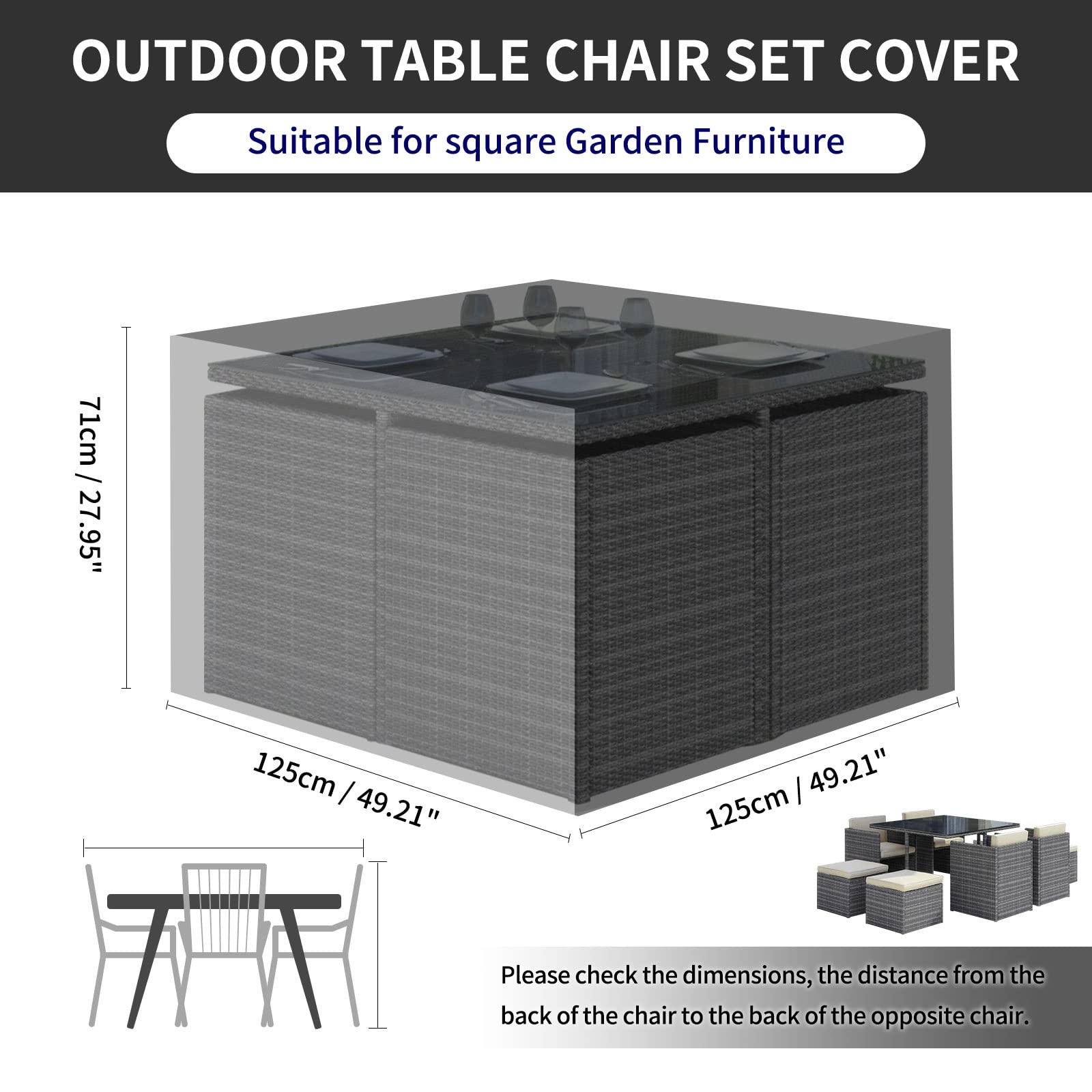 Housse Salon de Jardin, Housse Table de Jardin Patio De Tissu De 600D Oxford, Housse de Protection Salon de Jardin avec Corde et Boucle, Imperméables, Anti-UV, Coupe-vent 125x125x71cm(Noir)
